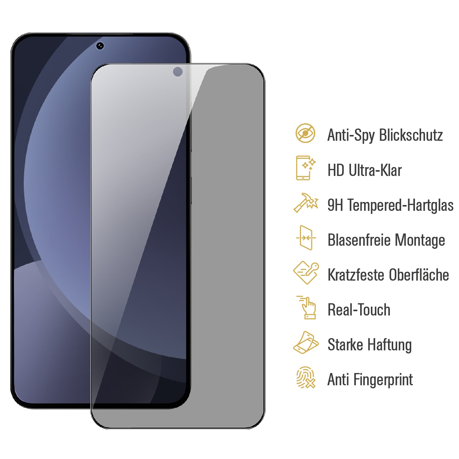 Ein Telefon mit Displayschutz, mit Details der Eigenschaften des Schutzes.