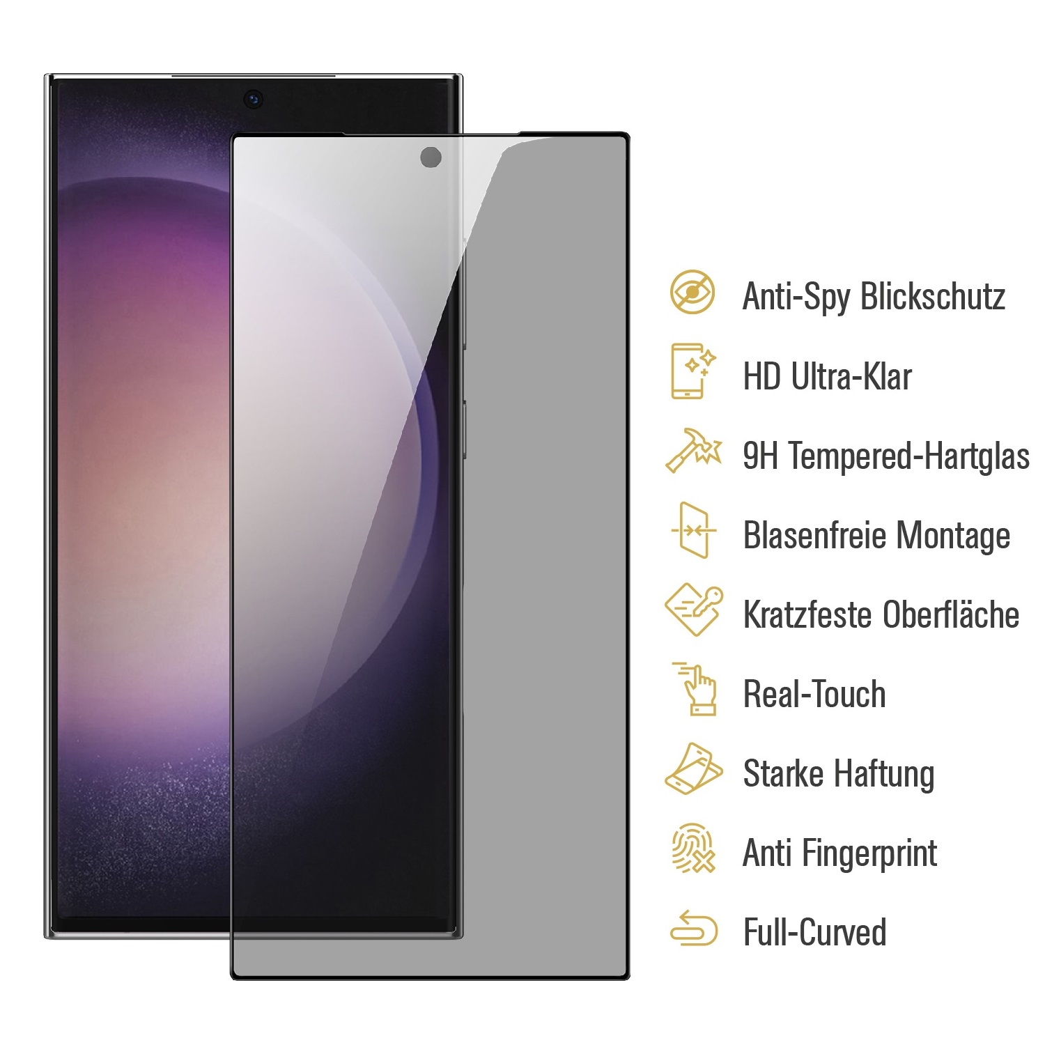 Ein Smartphone neben einer Displayschutzfolie. Schutzfunktionen sind auf der rechten Seite des Bildes aufgeführt.