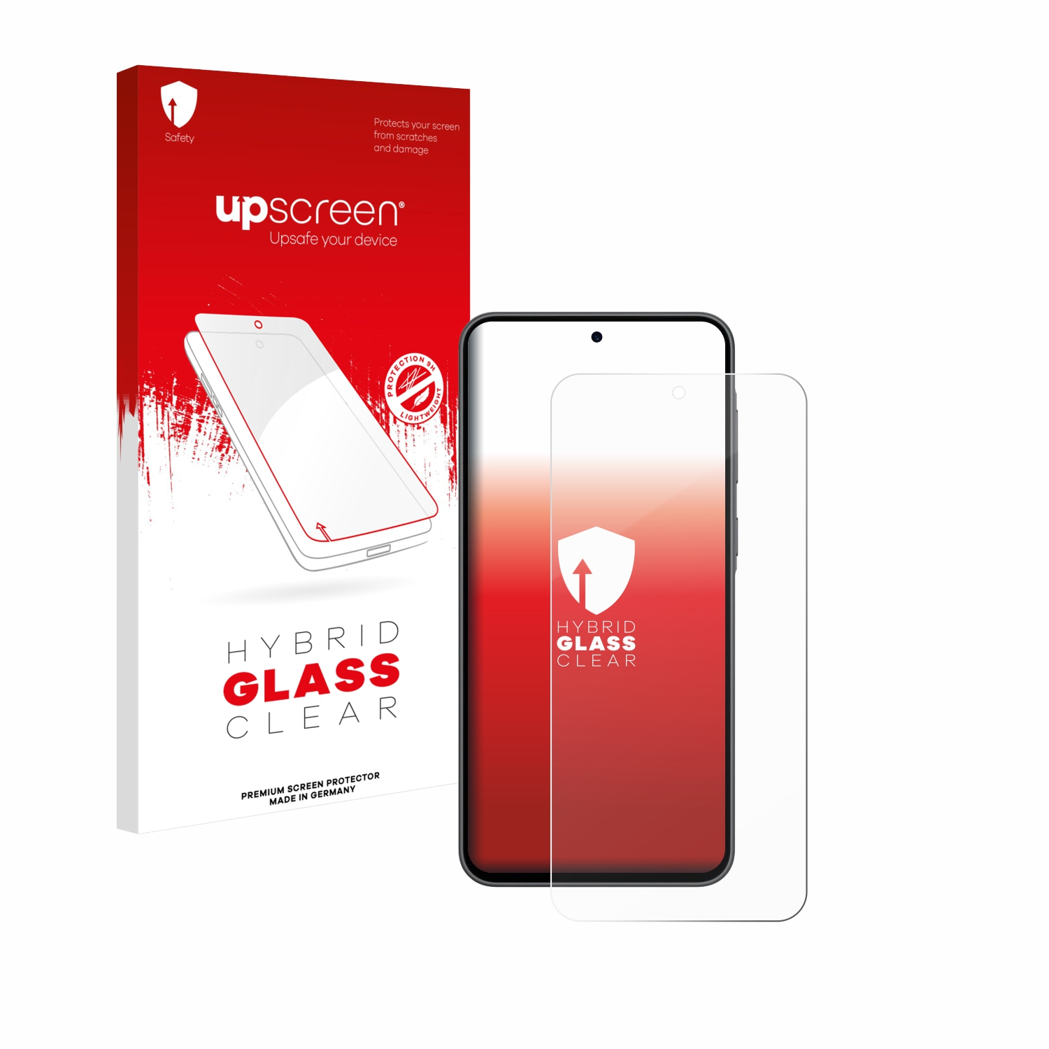 Eine rot-weiße Box mit einem Displayschutz und ein Telefon werden angezeigt.