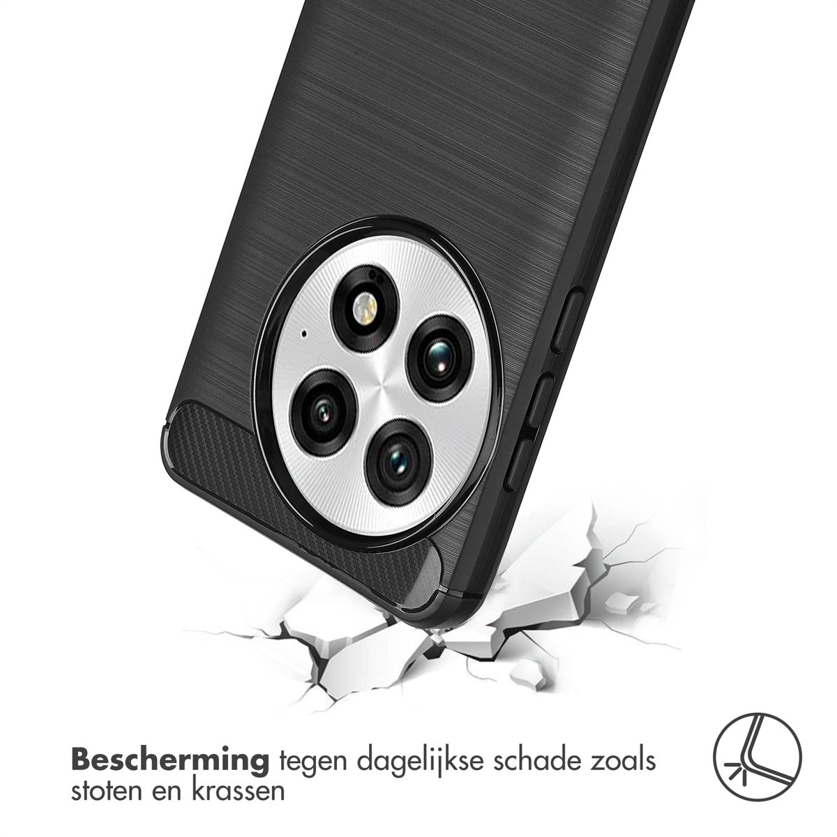 Telefoon met zwarte patroon achterkant valt. Tekst: Bescherming tegen dagelijkse schade.