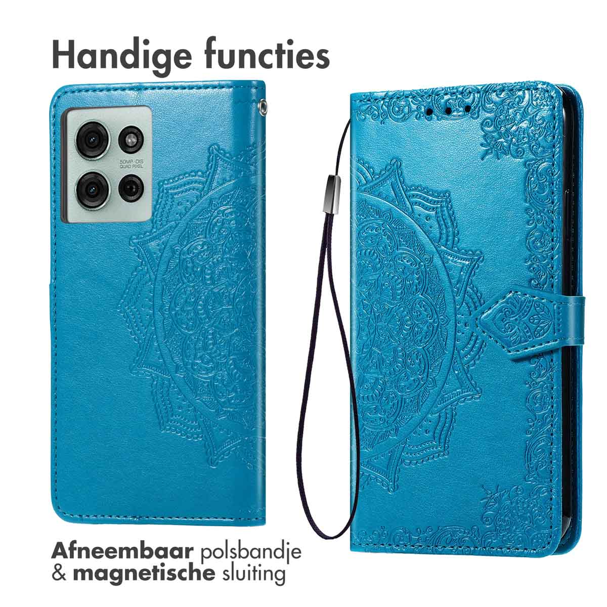 Blauwe telefoonhoes met bloemenontwerp en een afneembare polsband.