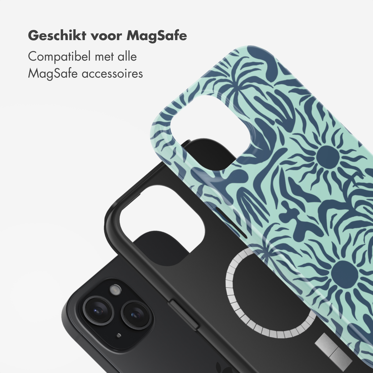 Two phone cases, one with a floral design, over a phone. Text: 'Suitable for MagSafe'.