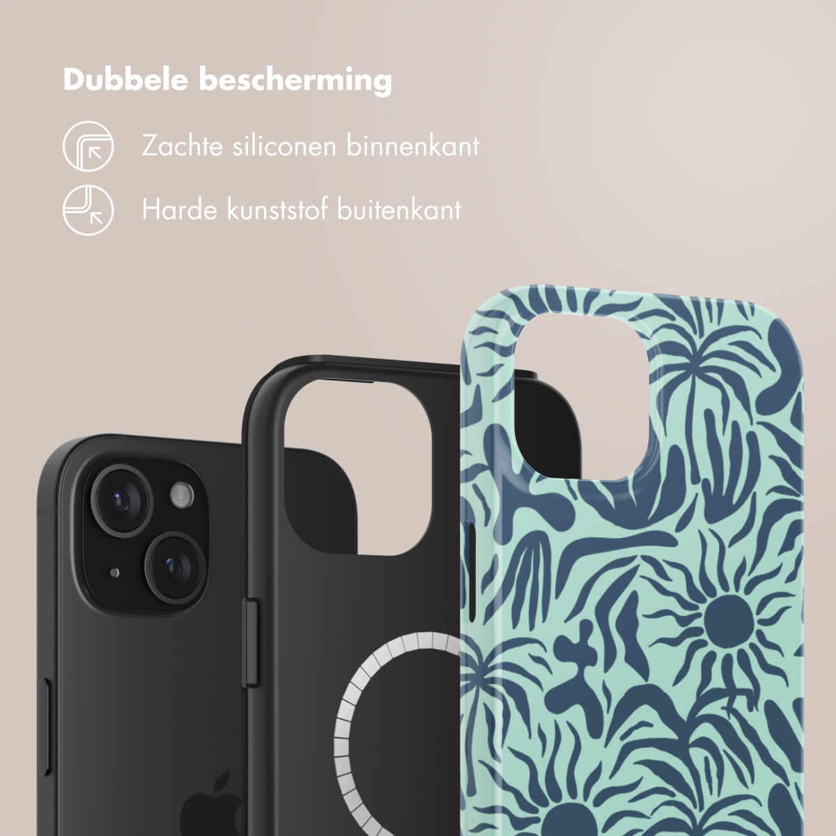 Three phone cases on a soft background. Black, clear and one with a blue and green pattern.