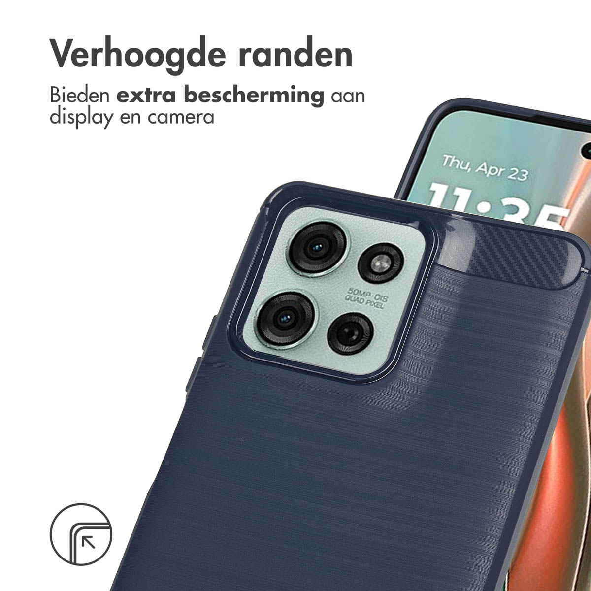 Primer plano de un teléfono con funda azul oscuro, mostrando la cámara y pantalla.