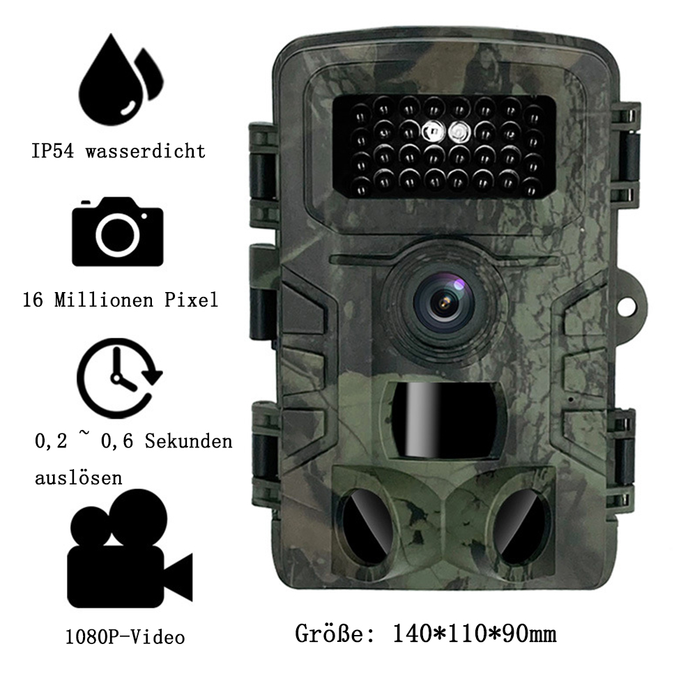 Eine Tarnkamera mit Text auf Deutsch: wasserdicht, 16 Megapixel, Video.