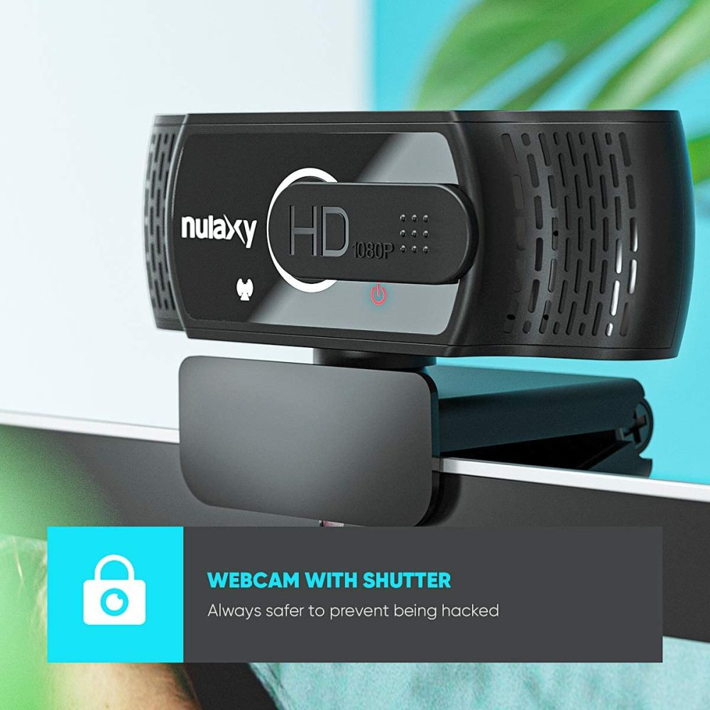 Schwarze Webcam mit Verschluss, beschriftet mit 'nulaXY' und 'HD 1080P'. Text weist darauf hin, dass es sicherer ist, gehackt zu werden.