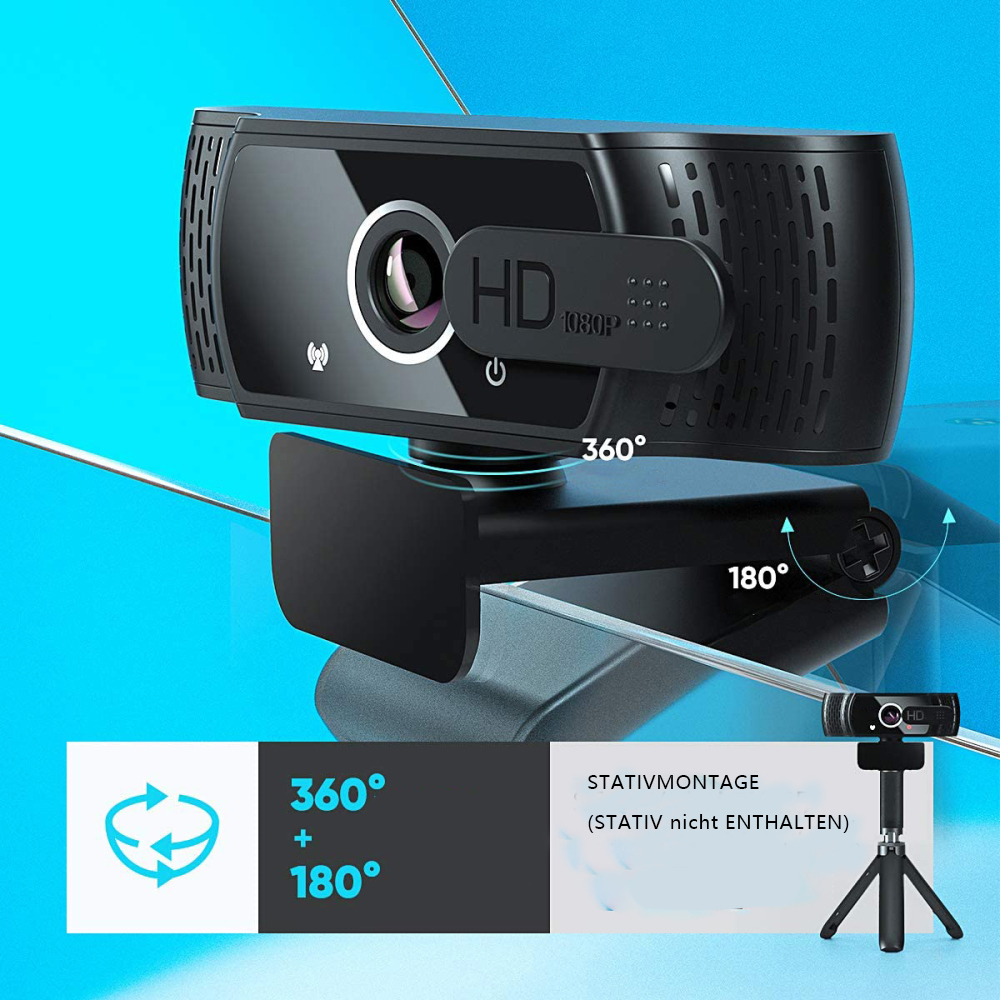 Schwarze Webcam auf blauem Grund mit Etiketten: HD 1080P, 360° und 180°.