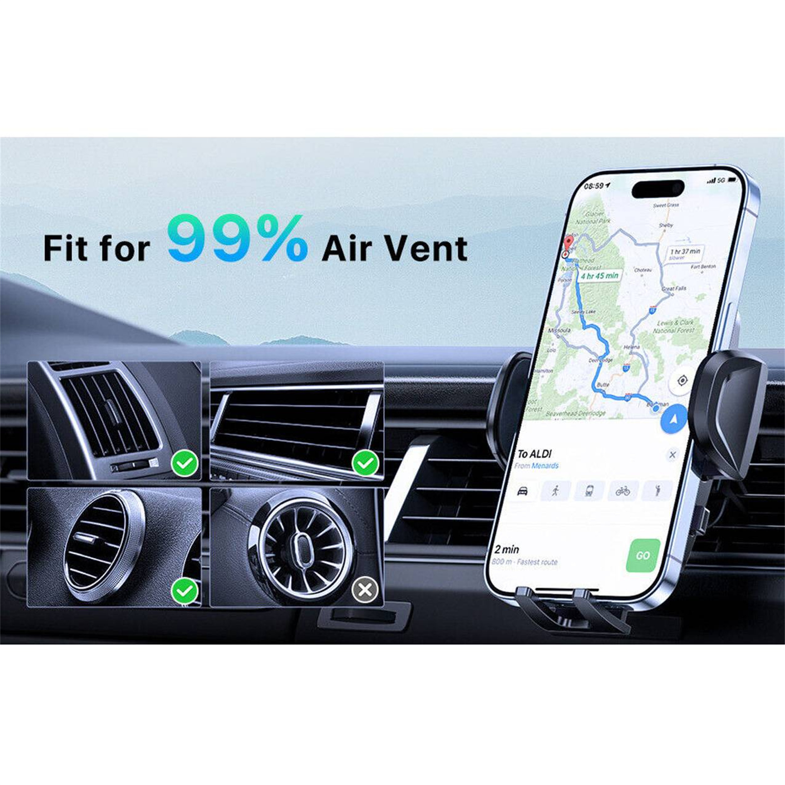Telefon in der Lüftung eines Autos montiert, zeigt eine Navigations-App mit Karte.