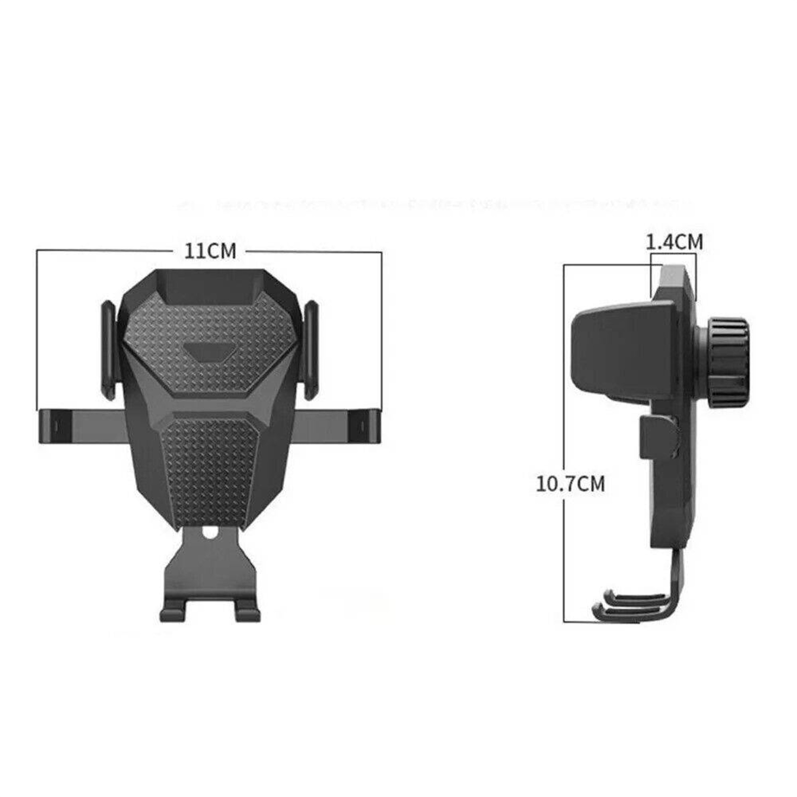 Schwarze Autotelefonhalterung mit Abmessungen: 11 cm breit, 10,7 cm hoch und 1,4 cm dick.