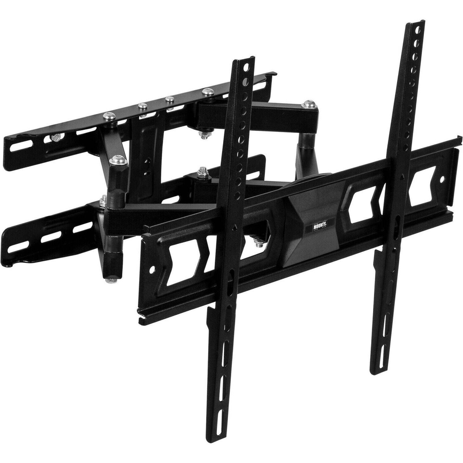 Schwarze TV-Wandhalterung, die mehrere verstellbare Arme und Halterungen zeigt.