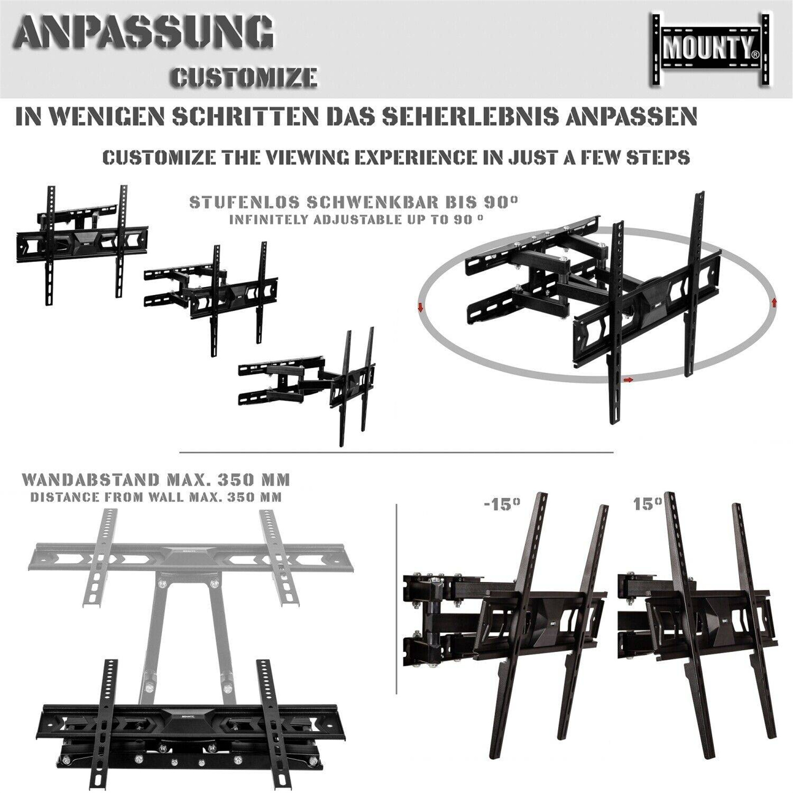 TV-Wandhalterung mit einstellbaren Optionen und Illustrationen.