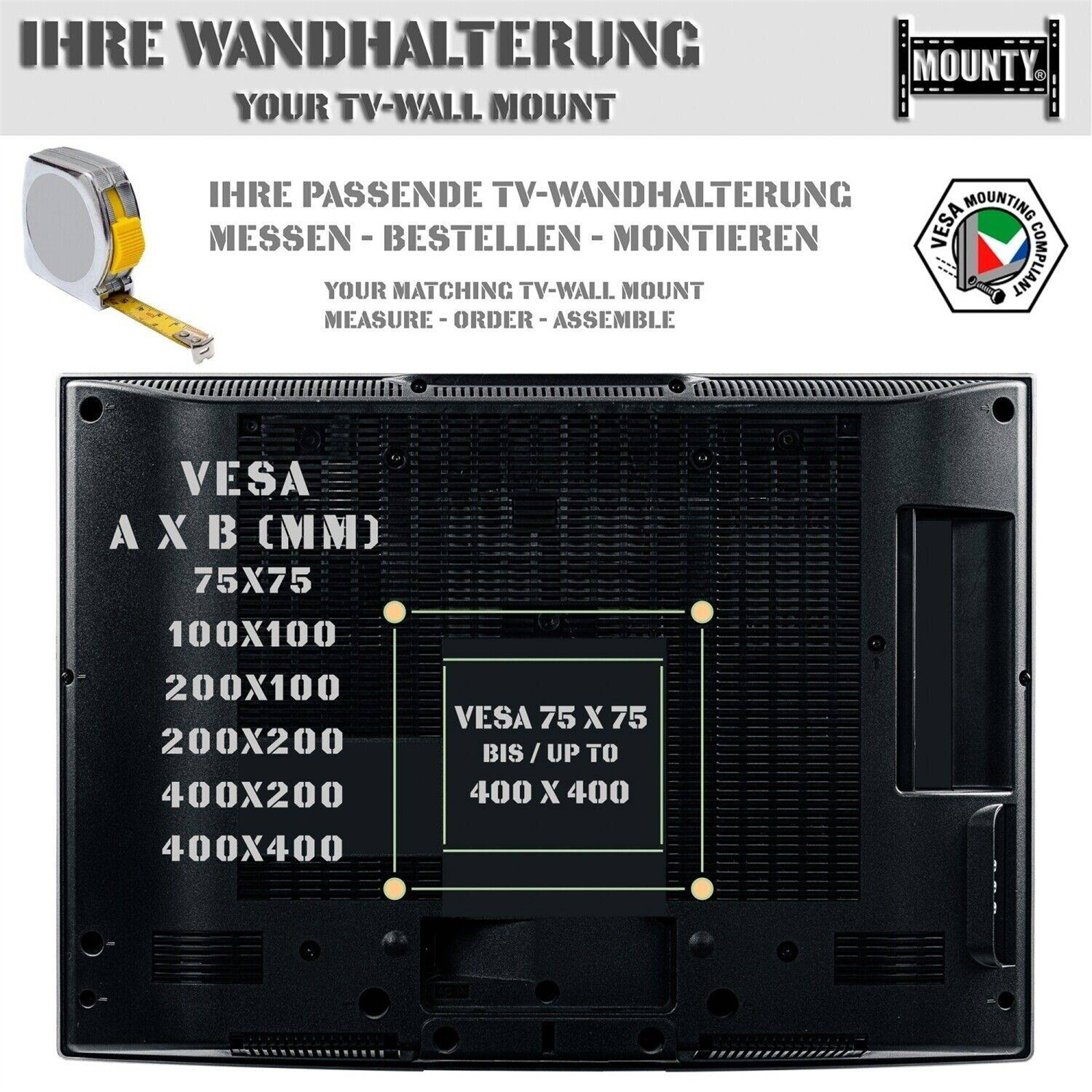 Rückseite eines Fernsehers mit Befestigungspunkten, und ein Maßband ist darauf platziert.