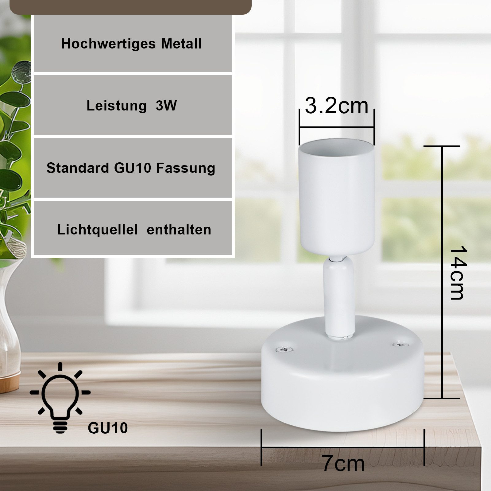 Biała lampa z białą podstawą, białą szyjką i żarówką na drewnianym stole.