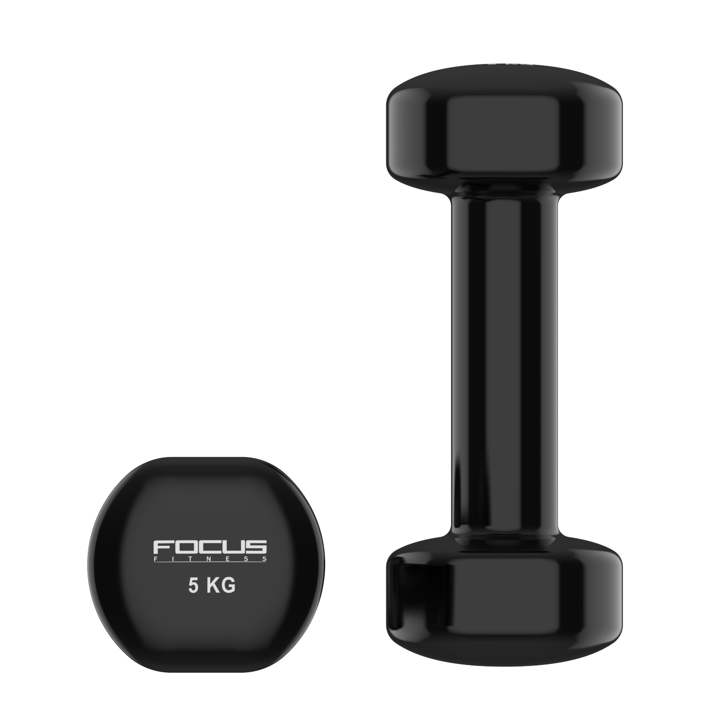 Black dumbbell and weight on black background. Weight has 'FOCUS FITNESS 5 KG'.
