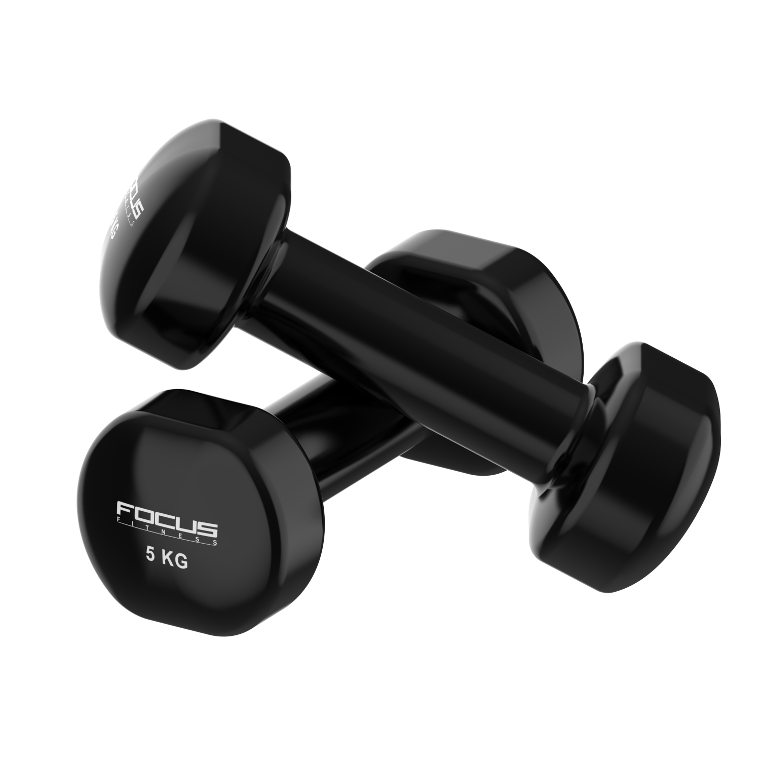 Two black dumbbells. Each has a black handle and rounded sides. 