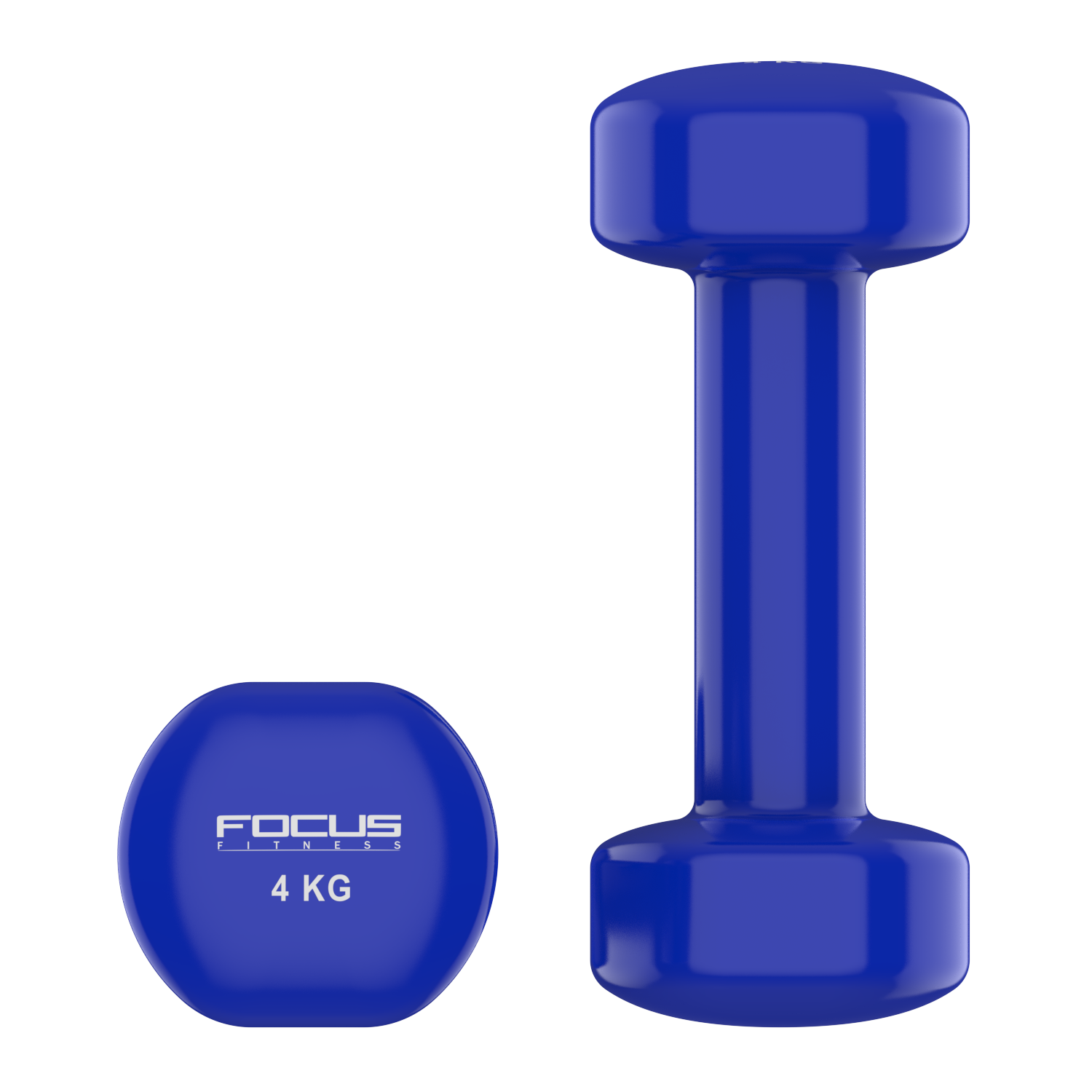 Blue dumbbell and a blue ball-shaped weight, both with '4 KG' and 'FOCUS FITNESS'.