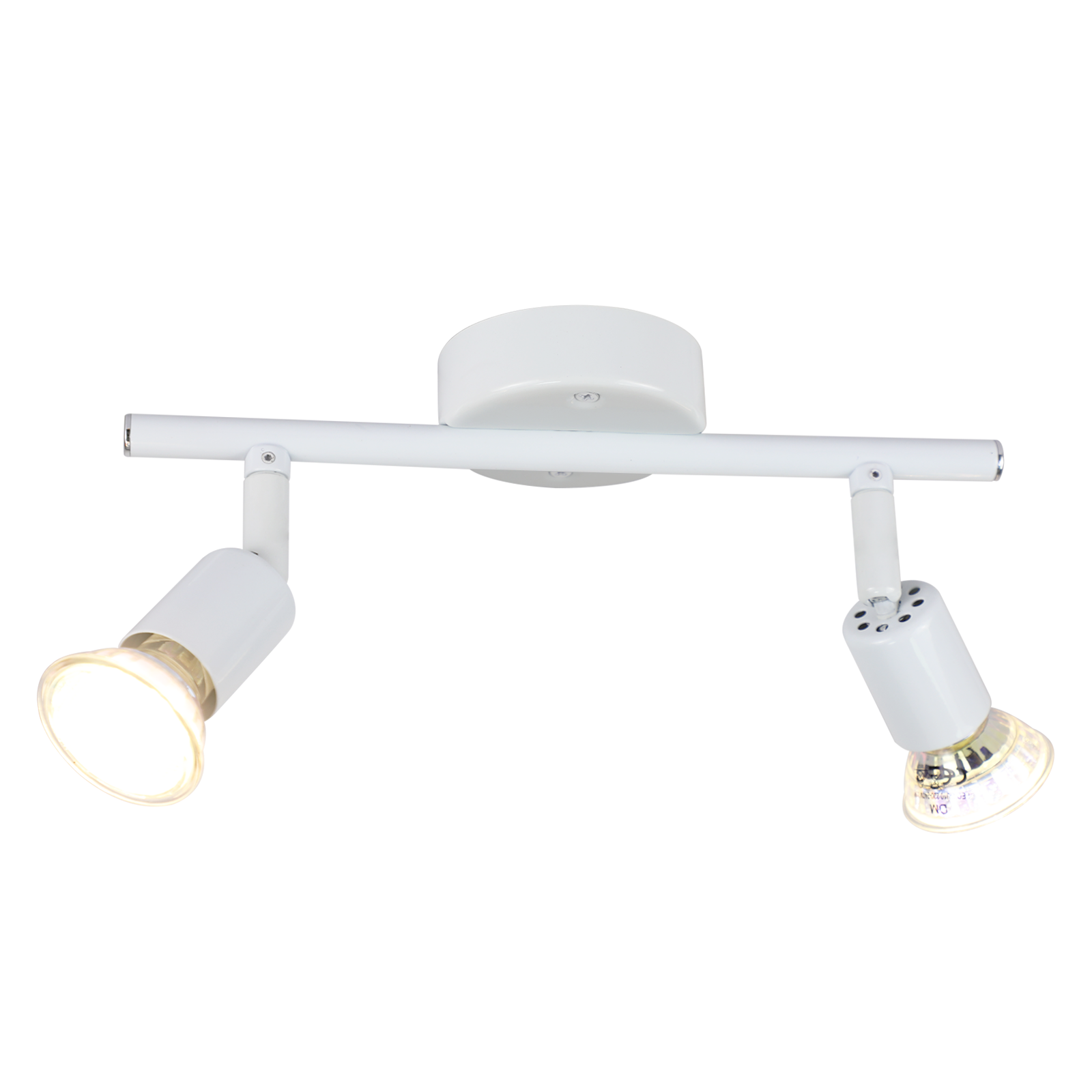 Apparecchio di illuminazione a binario bianco con due faretti orientabili. Ognuno ha una lampada.