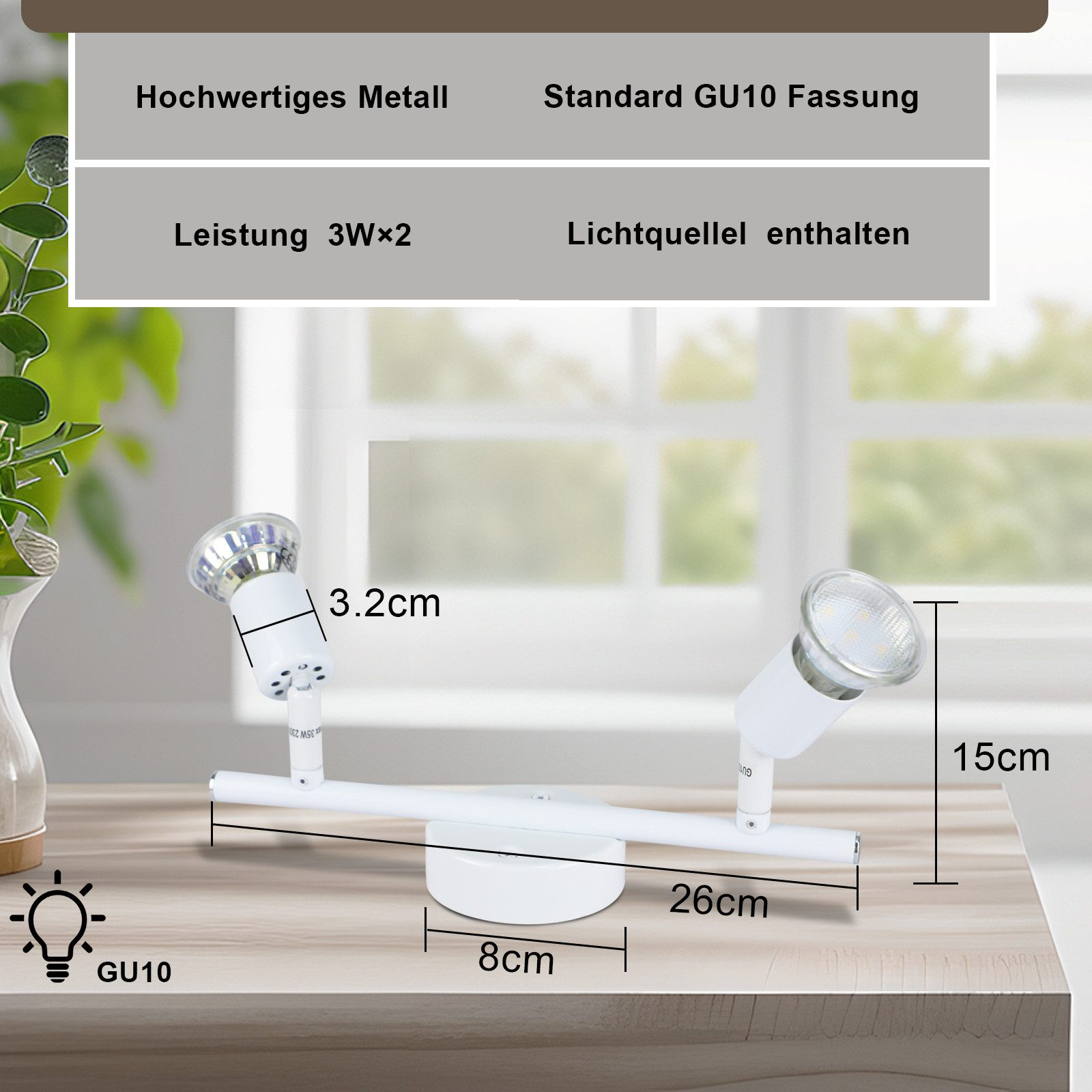Białe reflektory GU10 z wymiarami i tekstem, prawdopodobnie do reklamy produktu.