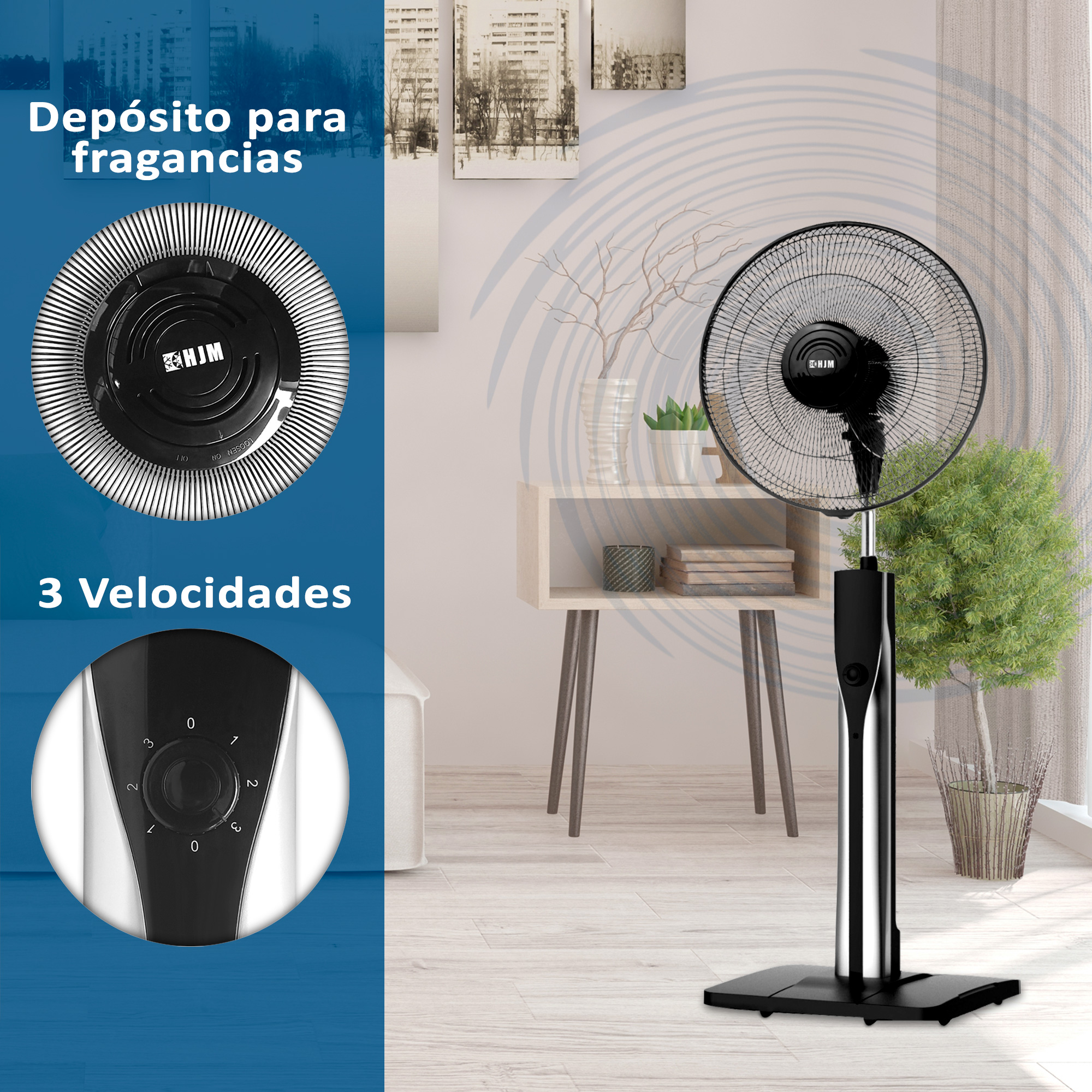 Un ventilador negro y plateado con tres configuraciones de velocidad. El ventilador tiene un depósito de fragancia.