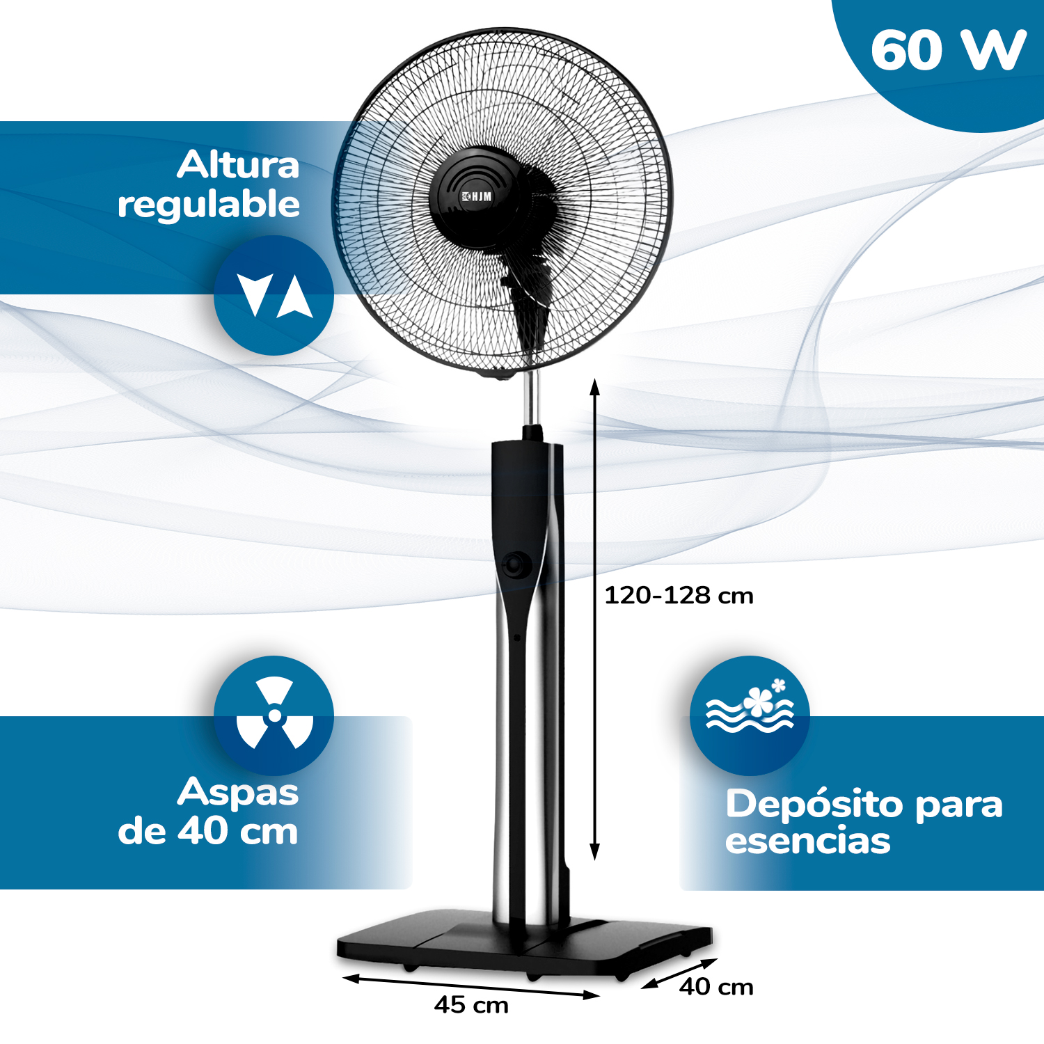 Ventilador de pie negro y plateado, con altura ajustable y dispensador.