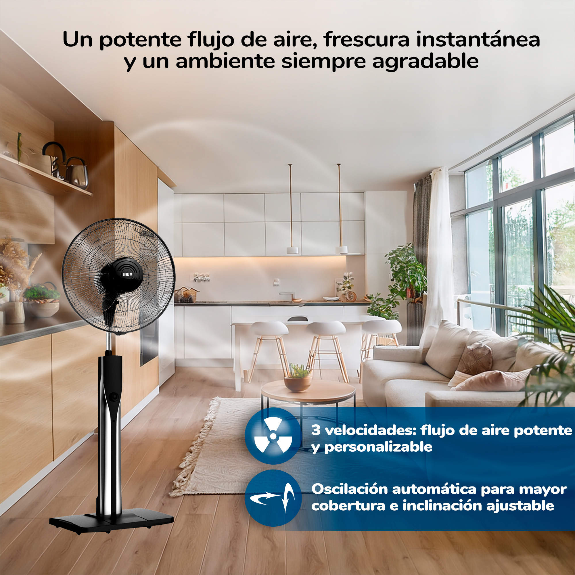 Un ventilador de pie negro y plateado en un entorno de cocina moderno. El ventilador tiene una base negra.