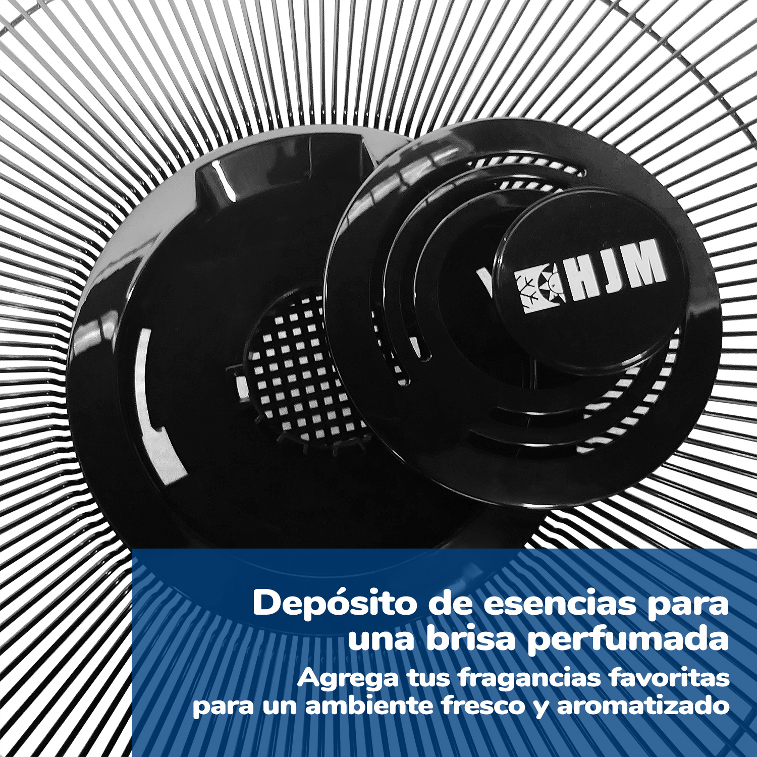 Ventilador negro con difusor de esencias. Texto blanco sobre fondo azul: brisa perfumada.