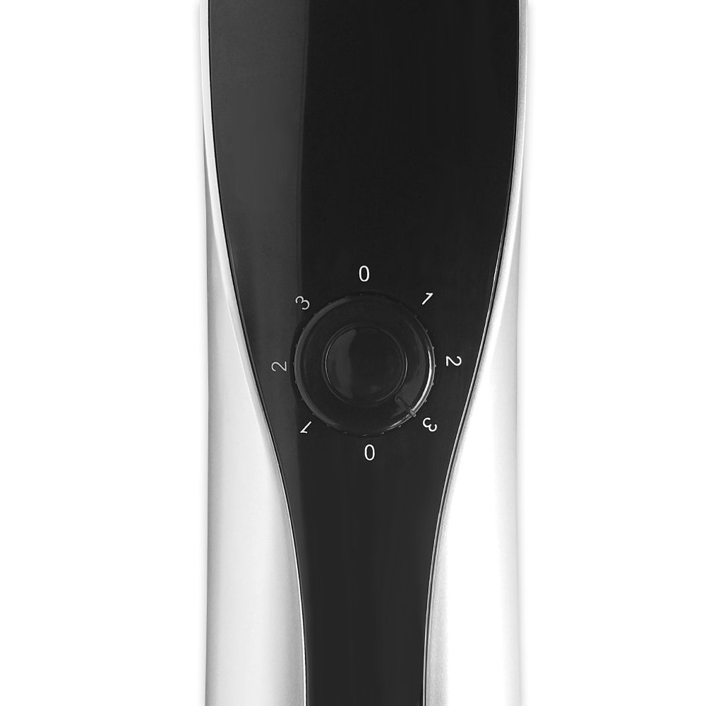 Primer plano de un dial de velocidad del ventilador con números del 0 al 3. El dial es negro, con números en blanco.