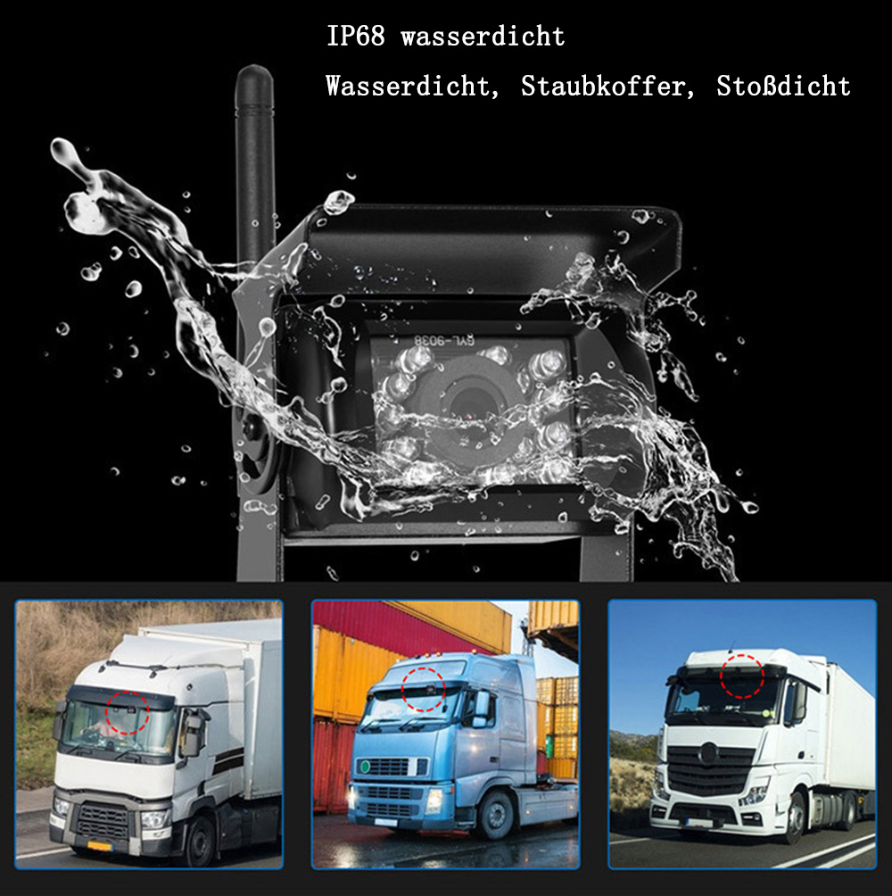 Kamera: zeigt Wasserspritzer. Drei Lkw werden unten gezeigt, auf die die Kamera gerichtet ist.