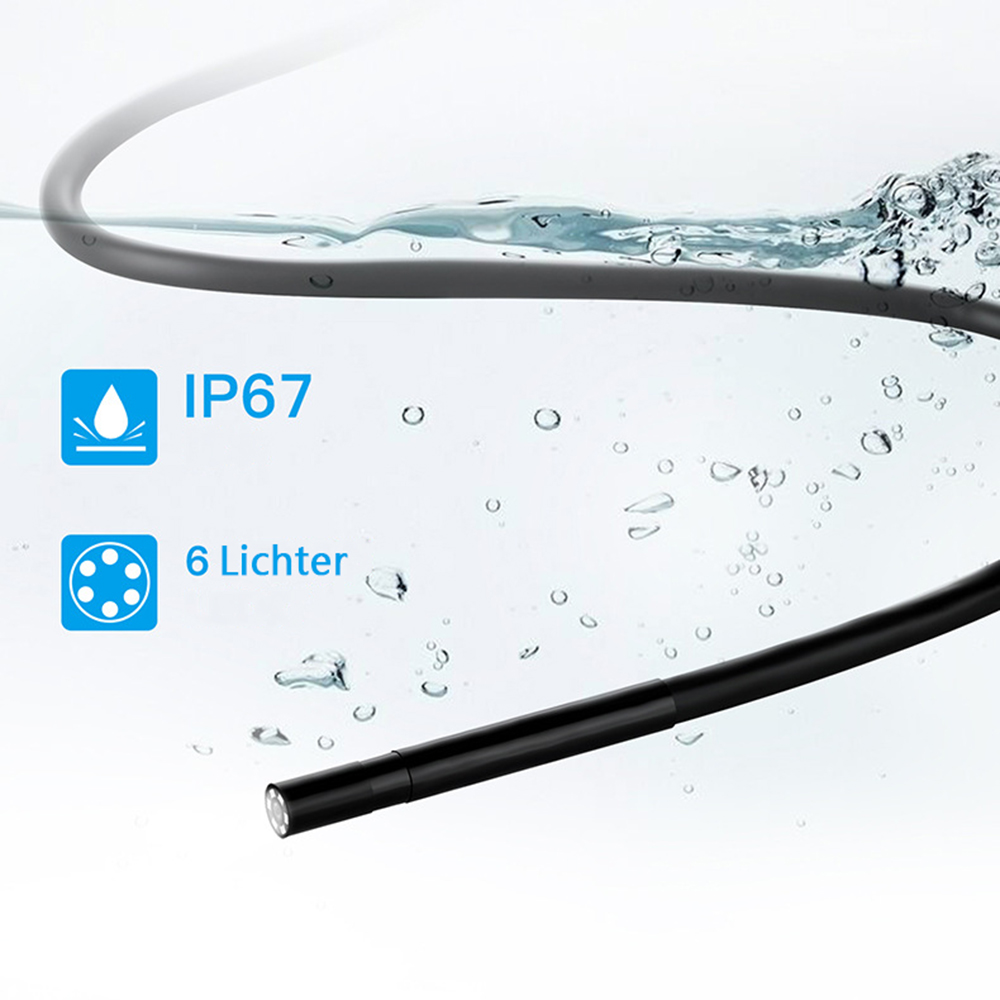 Schwarze, flexible Inspektionskamera-Sonde im Wasser mit IP67- und 6-Licht-Symbolen.