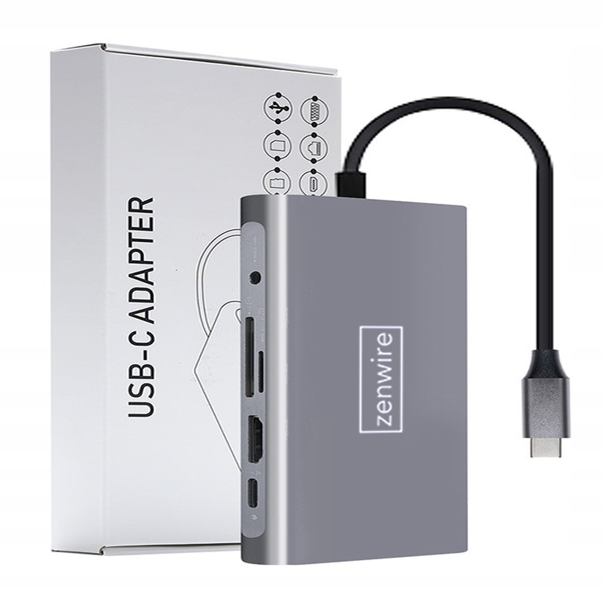 Ein grauer USB-C-Adapter mit mehreren Anschlüssen und einem schwarzen Kabel, präsentiert mit einer weißen Box.