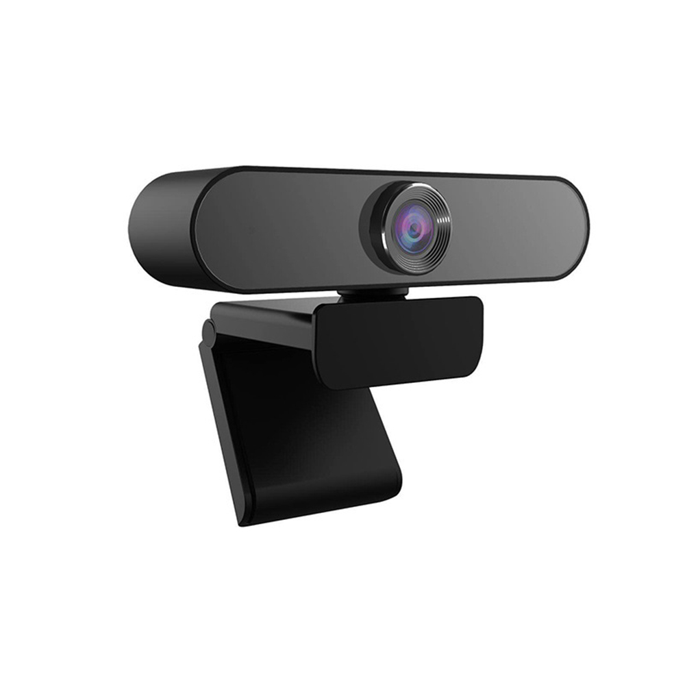 Schwarze Webcam mit Linse, auf weißem Hintergrund.