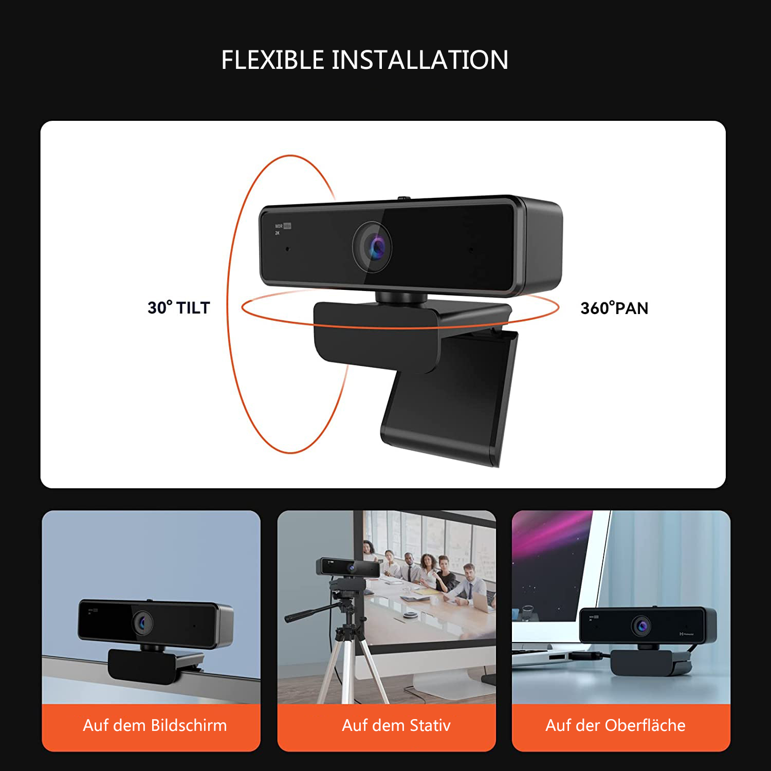 Eine schwarze Webcam mit flexiblen Installationsoptionen: auf dem Bildschirm, Stativ oder Oberfläche.