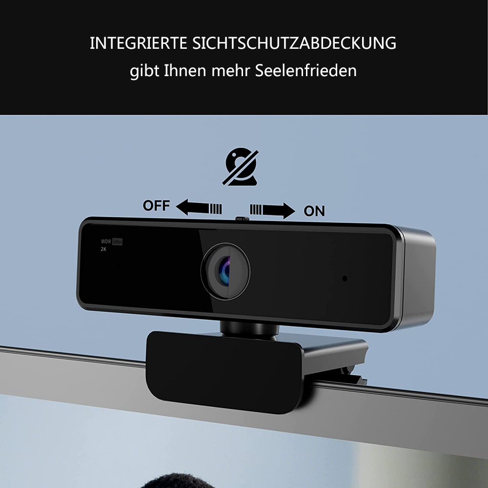 Eine schwarze Webcam auf einem Monitor mit Linse in der Mitte. Die Einstellungen zeigen 'OFF' und 'ON' mit einem Symbol.