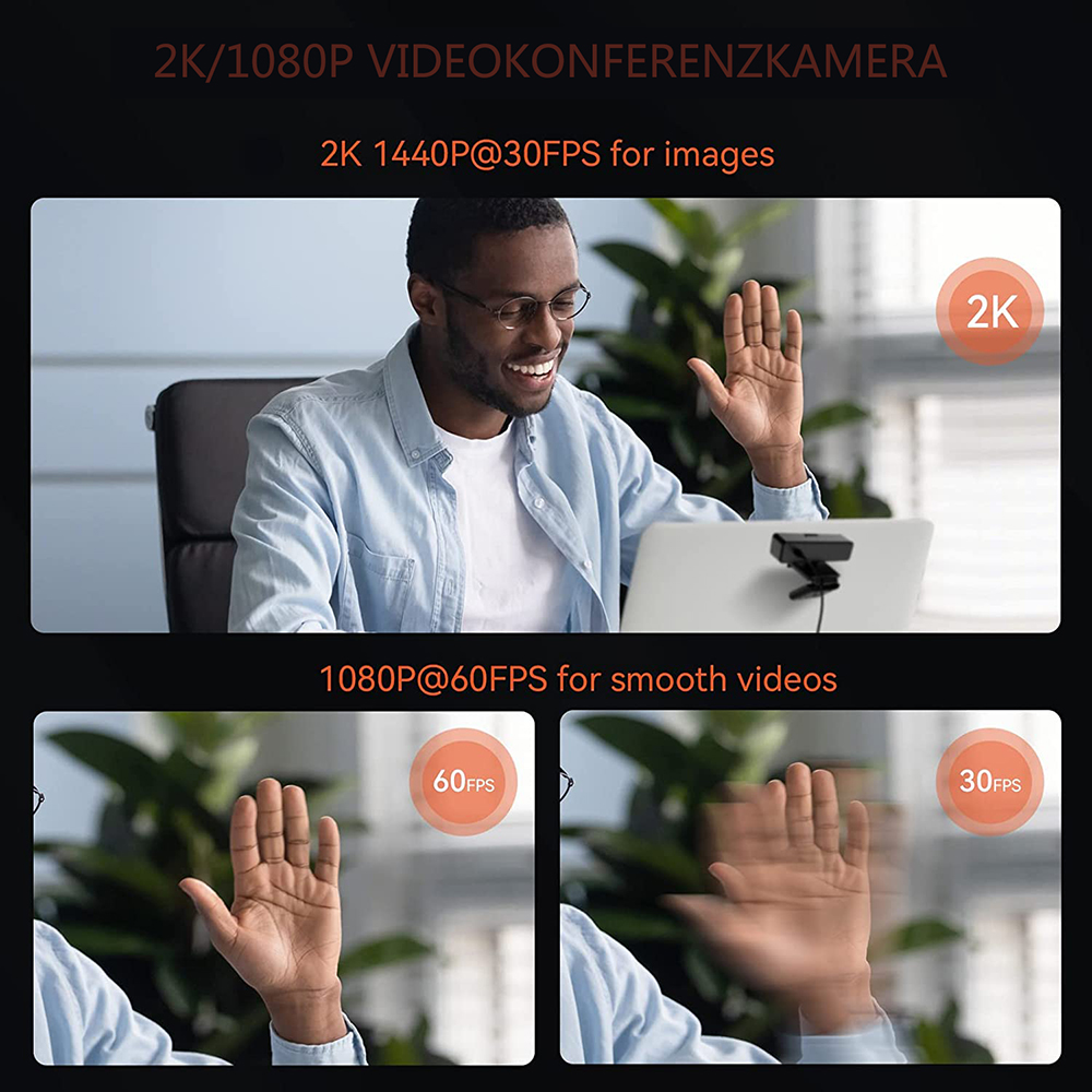 Mann winkt im Videoanruf. 2K-Bild für Bilder, 1080p für flüssiges Video.