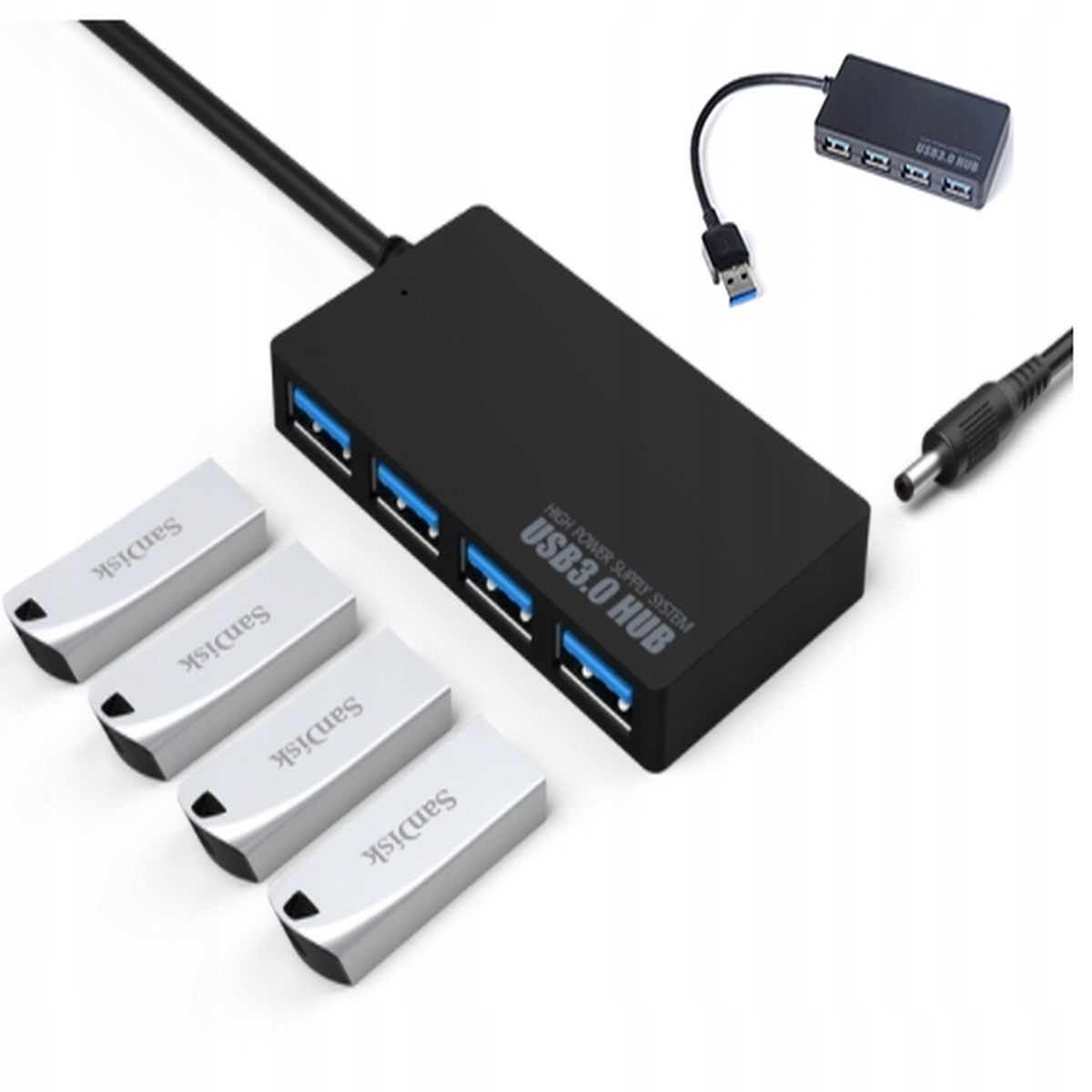 Czarny hub USB 3.0 z dyskami USB. Hub ma 4 porty i zasilacz.