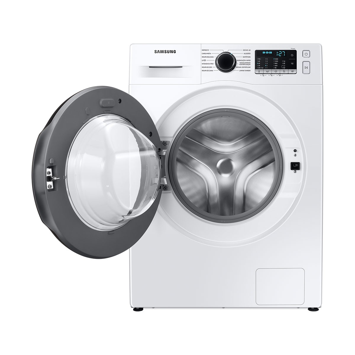 Eine weiße Waschmaschine mit offener Tür, die die Trommel im Inneren zeigt.