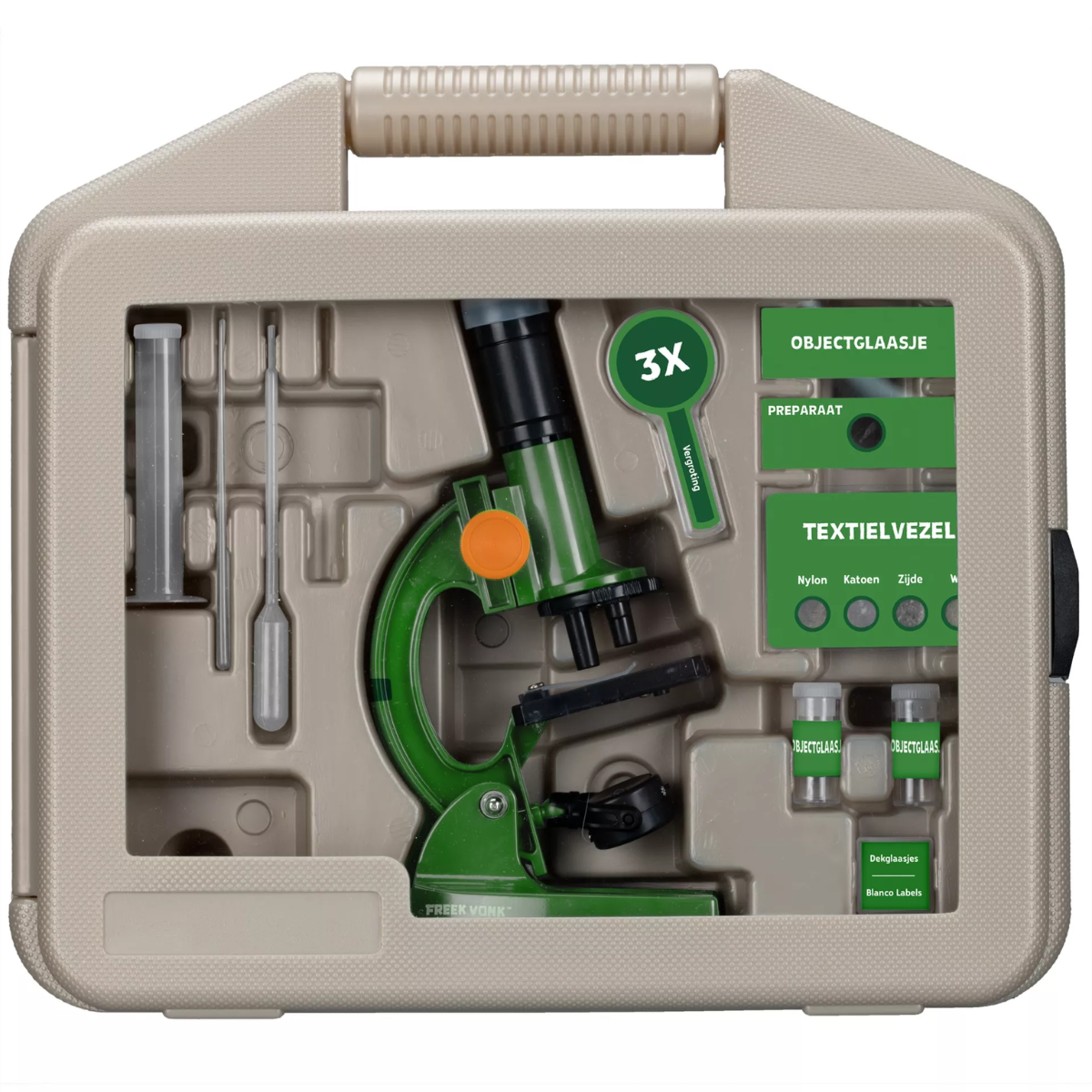 Kit de microscopio abierto con microscopio y accesorios. Microscopio verde en una caja beige.