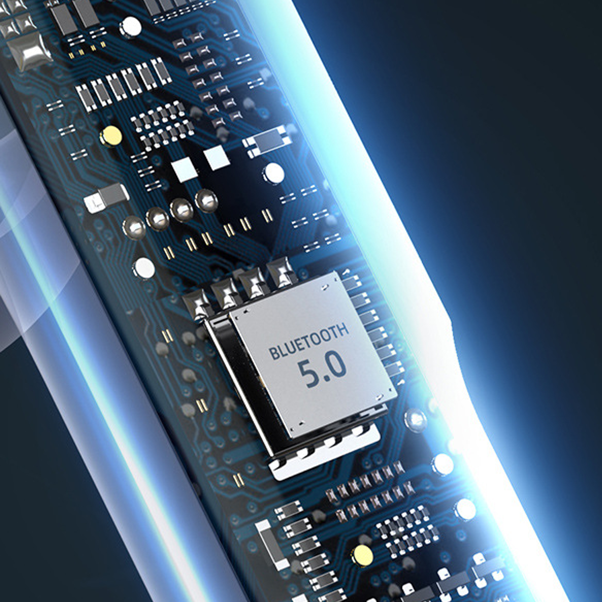 Nahaufnahme einer Leiterplatte mit dem Bluetooth 5.0 Logo.