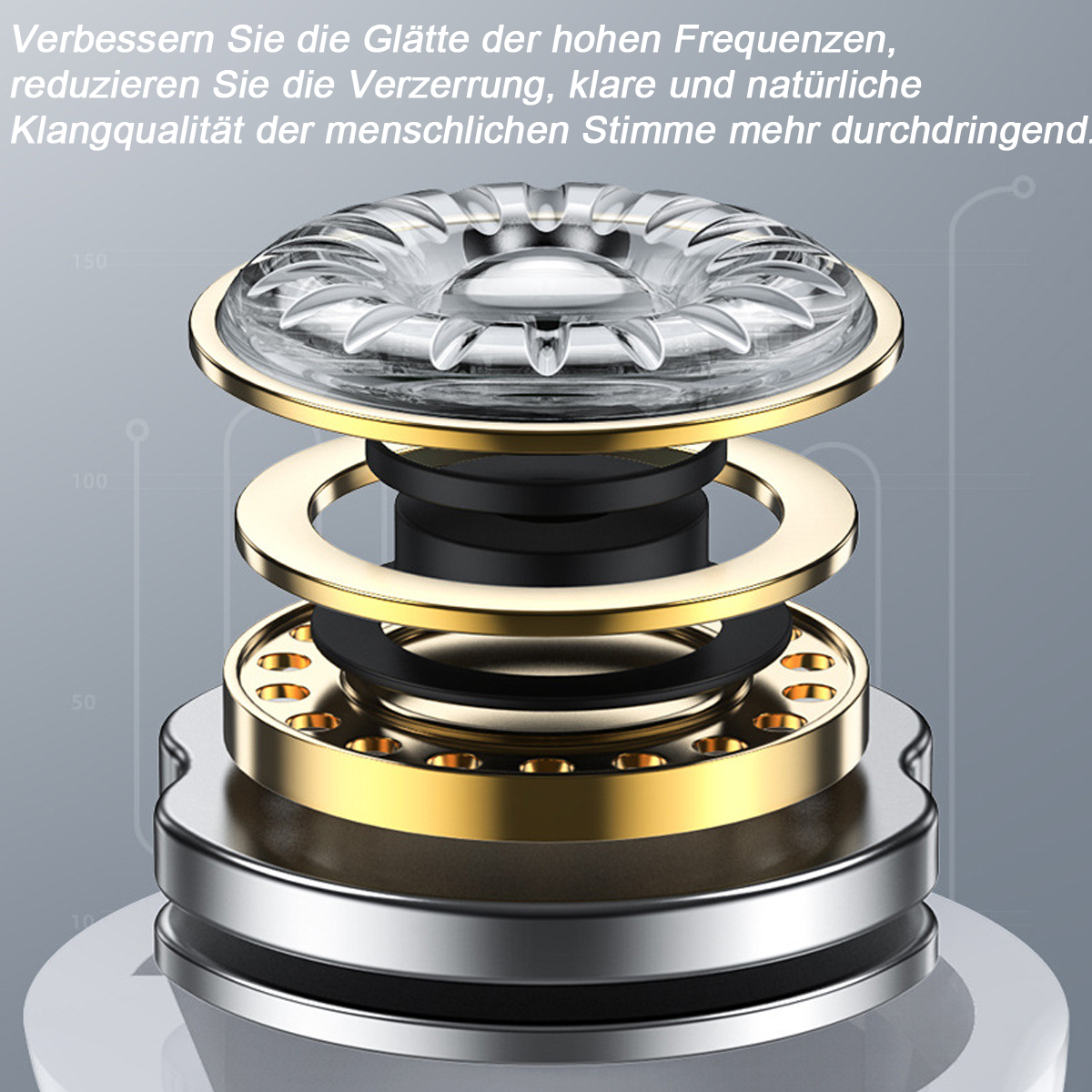 Nahaufnahme von Kopfhörerkomponenten mit Gold-, Schwarz- und Silberteilen.