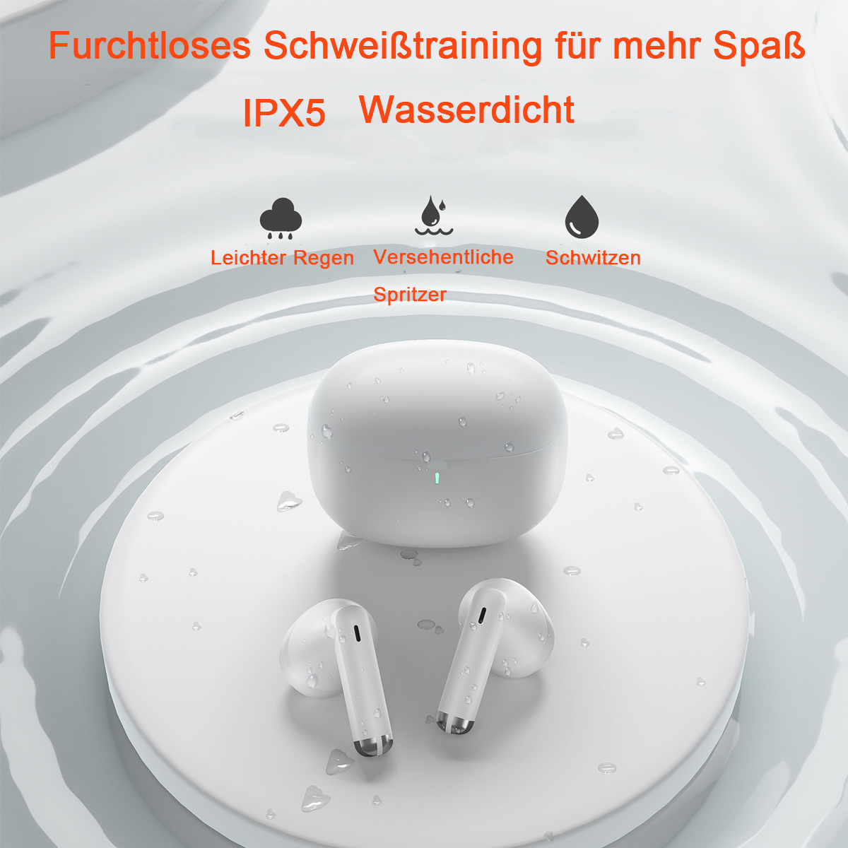 Weiße kabellose Ohrhörer mit Ladecase, Tröpfchen und Text über Wasserbeständigkeit. Weißer Hintergrund.