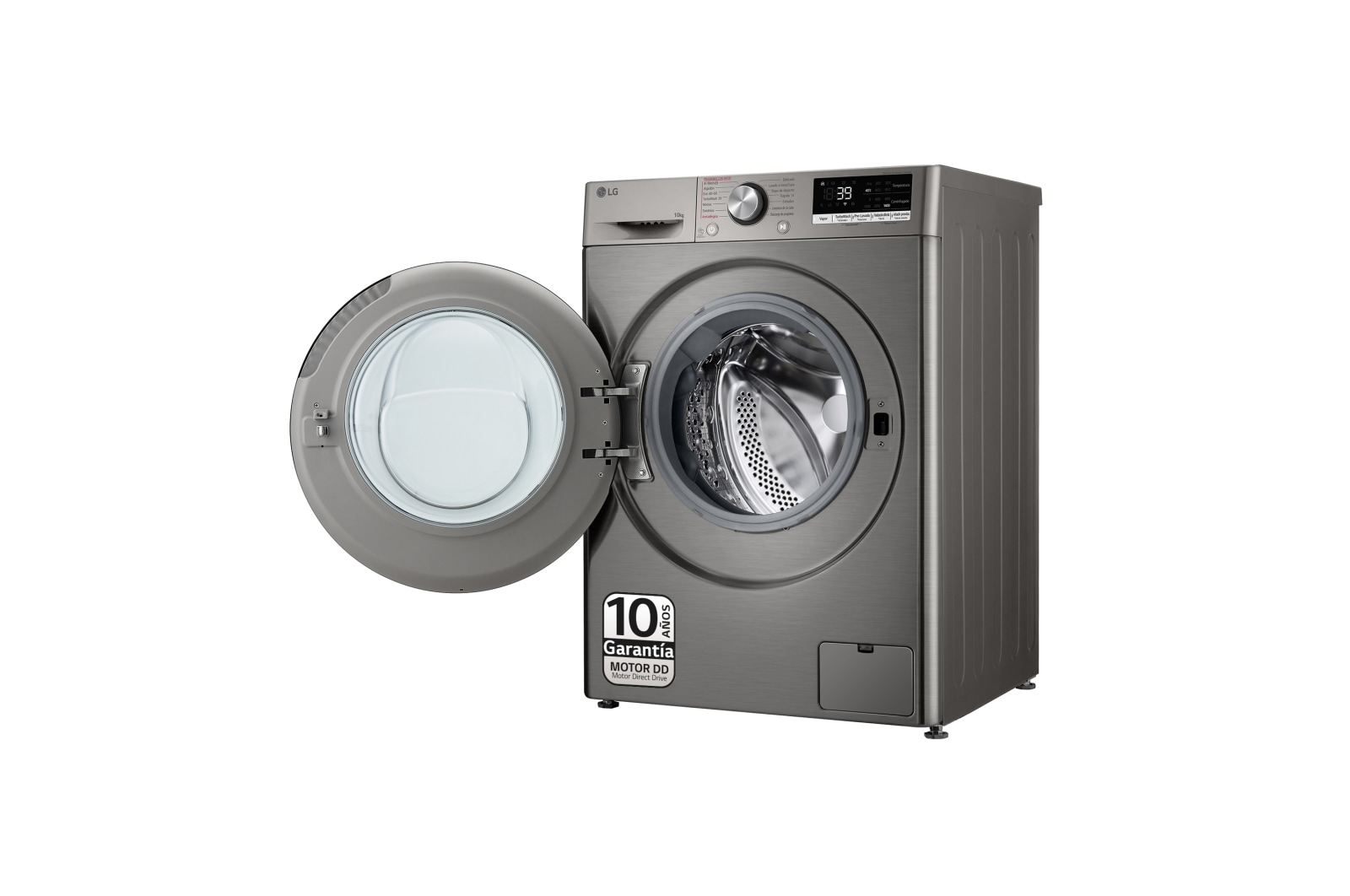 Srebrna pralka. Otwarte drzwi. Wyświetlacz cyfrowy. Białe tło.