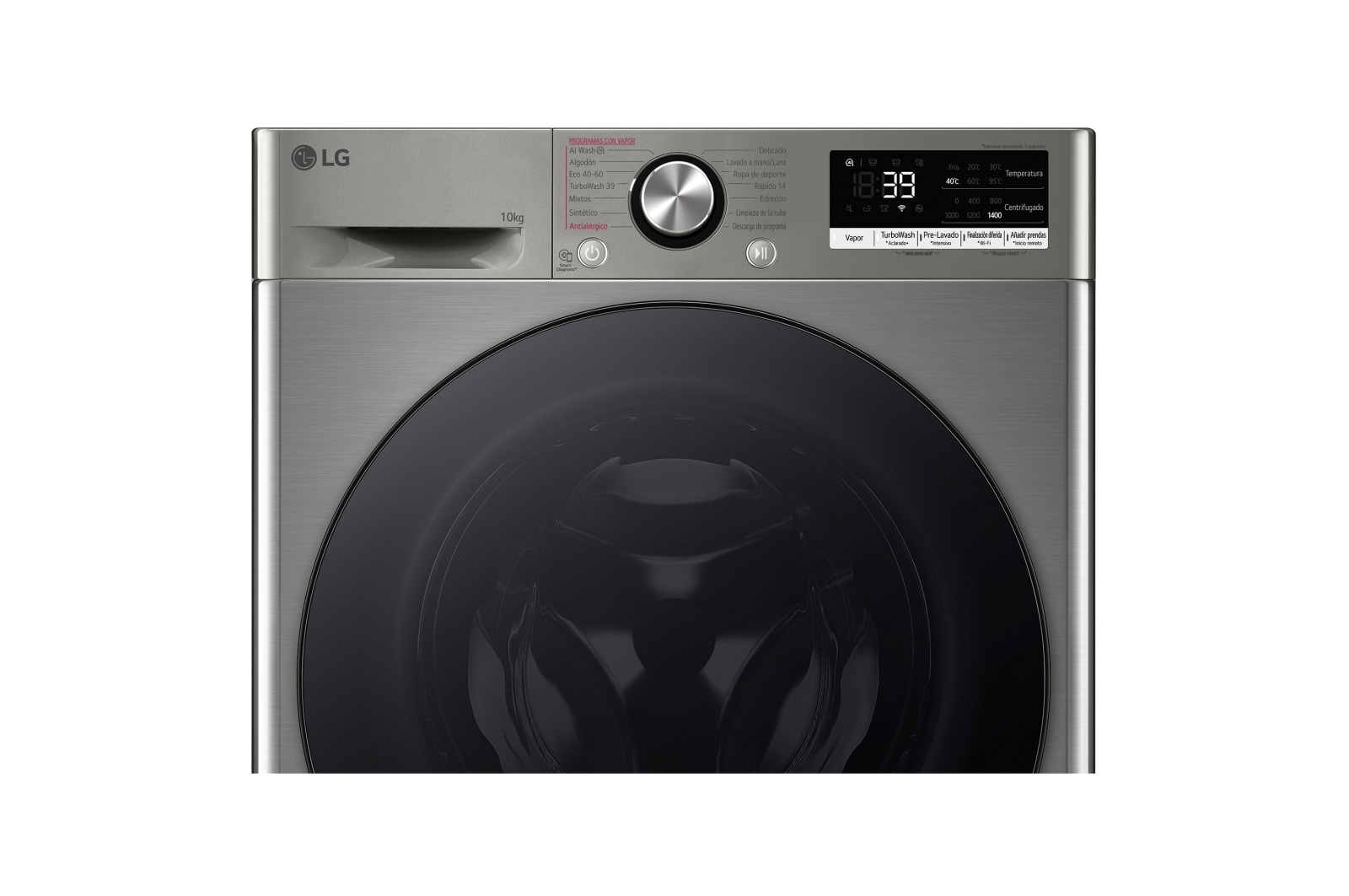 Zbliżenie na panel sterowania srebrnej pralki LG z cyfrowym wyświetlaczem i pokrętłem.