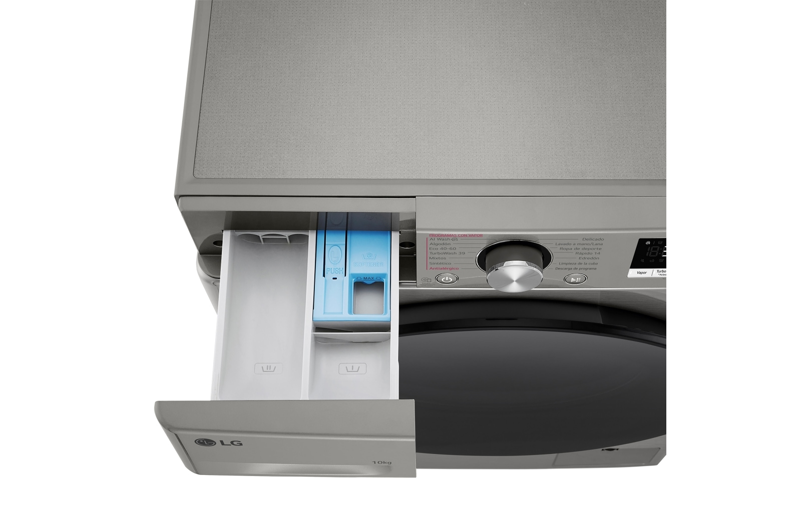 Otwarta szuflada na detergent w pralce, widoczne przegródki, zbliżenie.