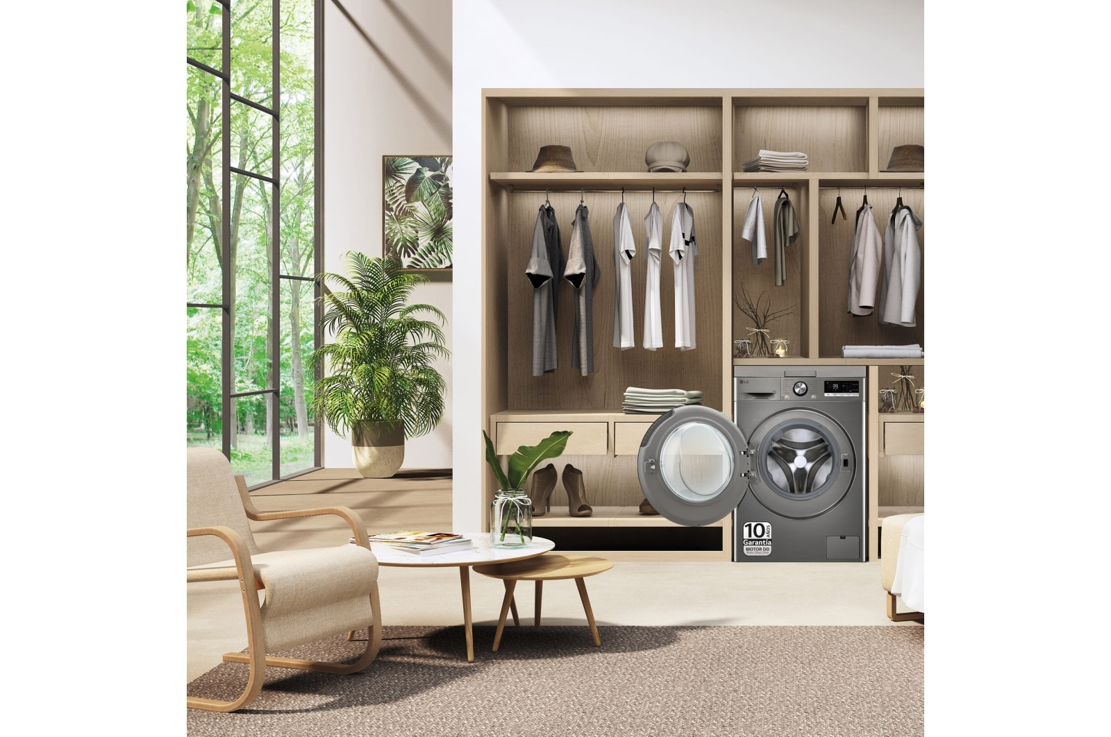 Pralnia z pralką i otwartą szafą.