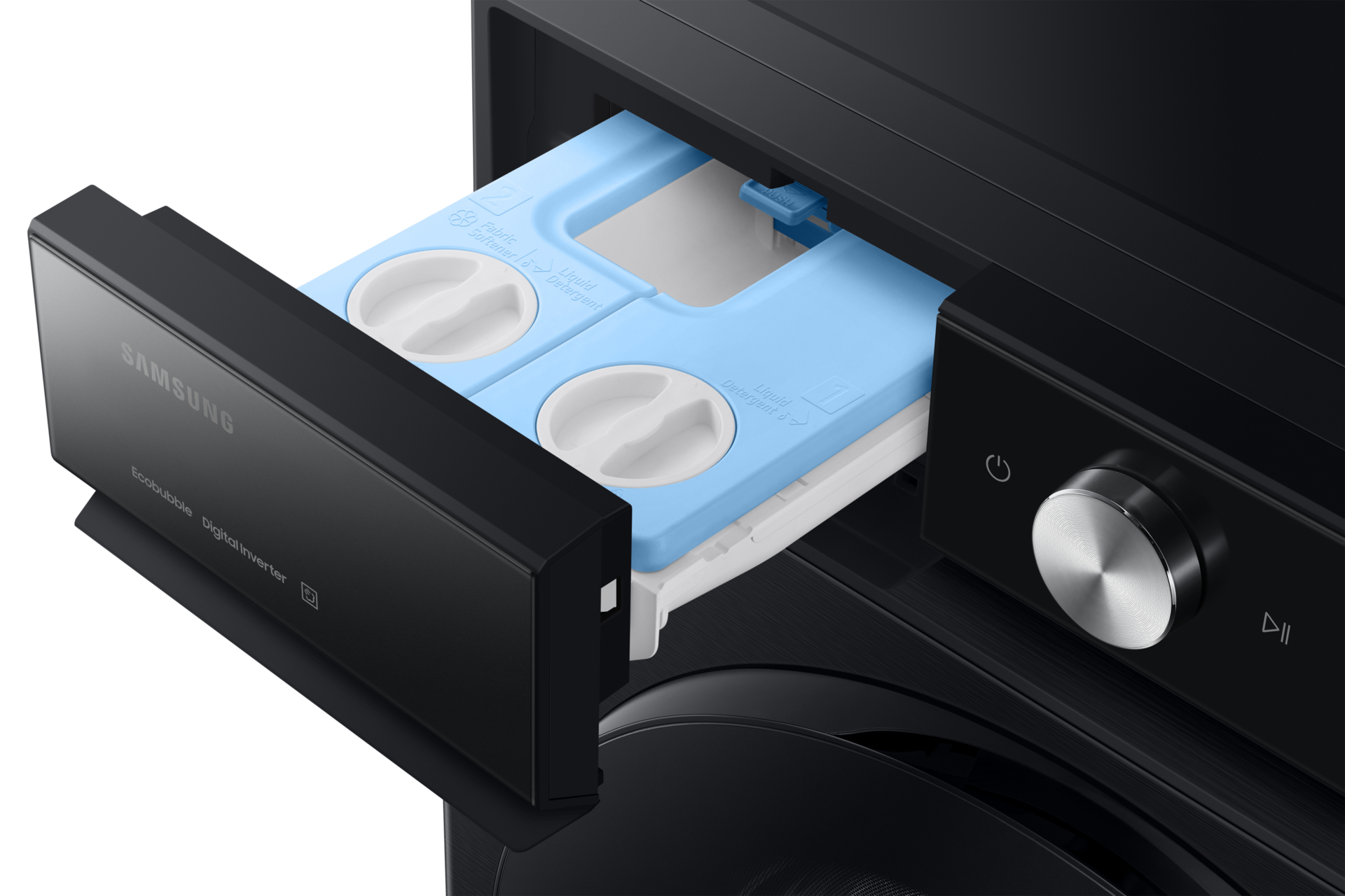 Zbliżenie czarnej szuflady pralki z niebieskimi przegrodami na detergent.