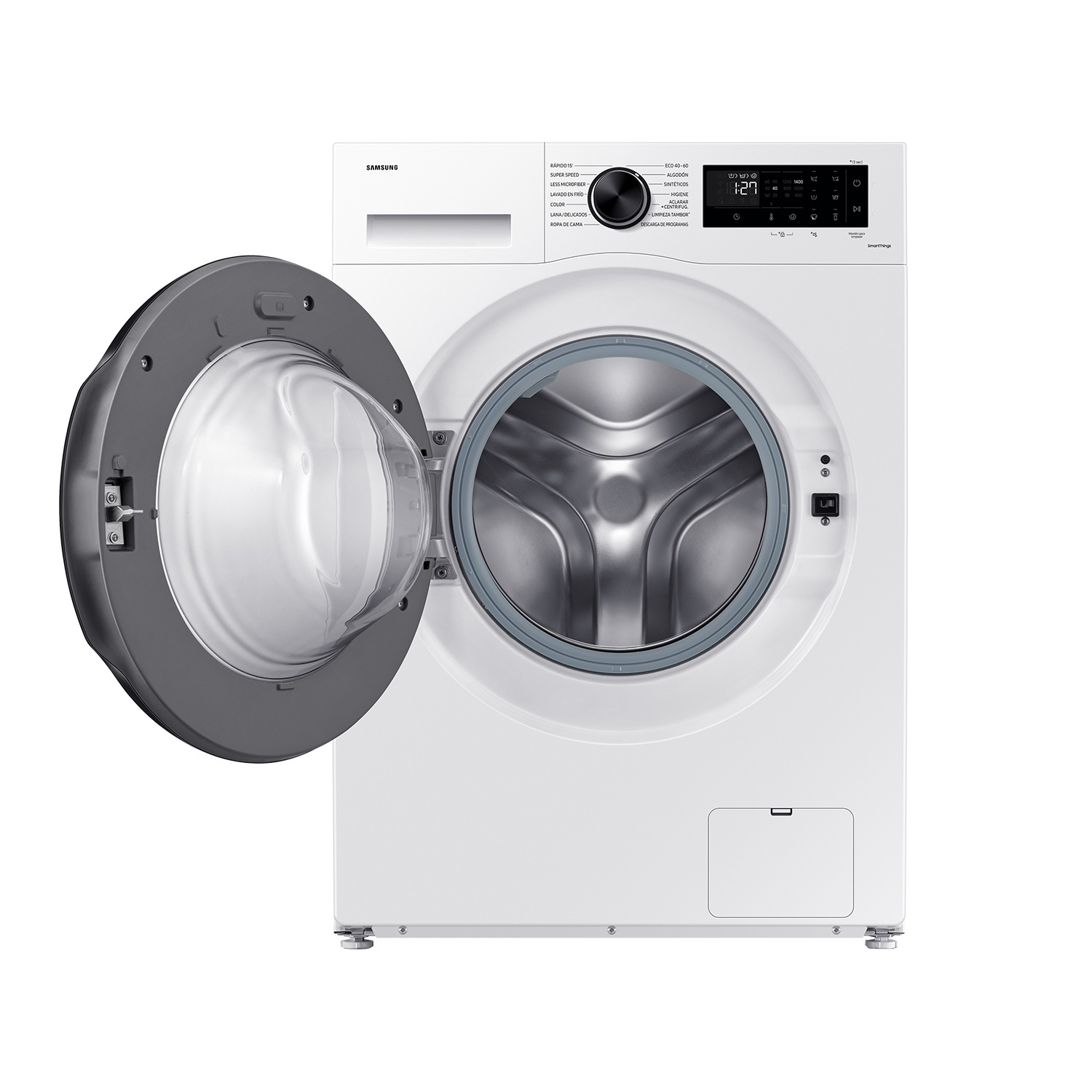 Biała pralka Samsung z otwartymi drzwiami, ukazująca bęben wewnętrzny.