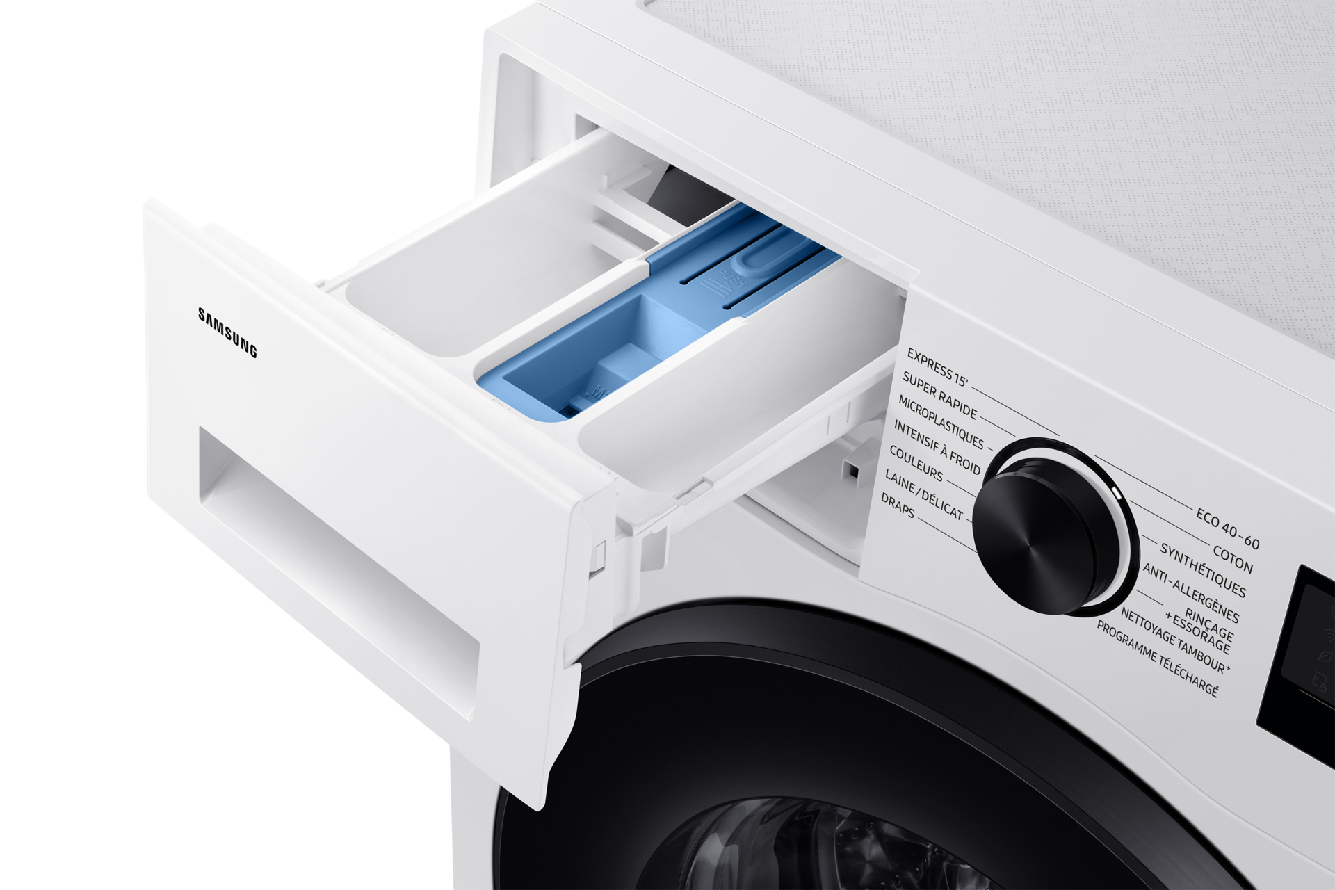 Samsung çamaşır makinesi, beyaz, açık deterjan çekmecesiyle. Mavi bölme görünür.
