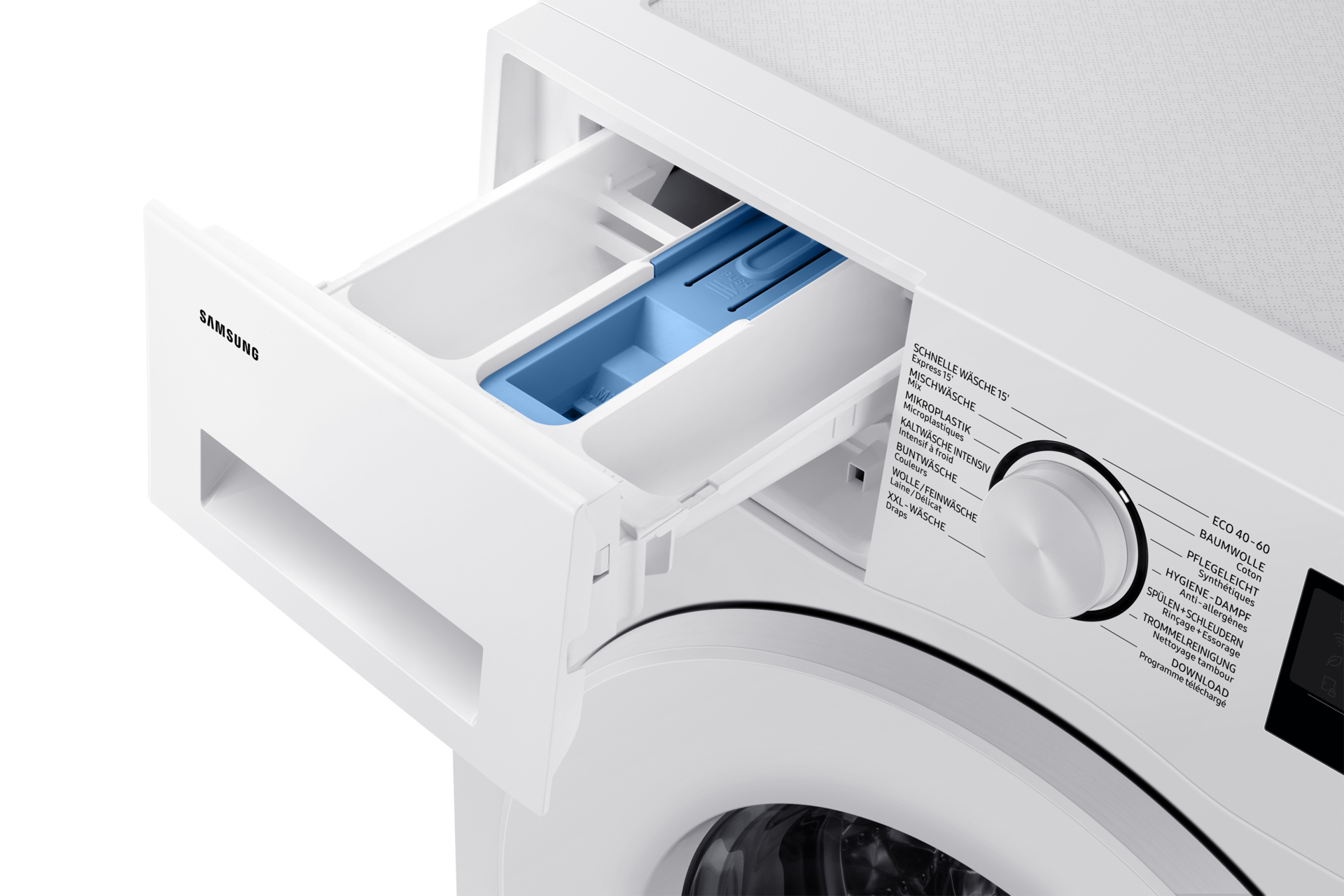 Lave-linge blanc avec tiroir à détergent ouvert, montrant les compartiments bleus et le panneau de contrôle.