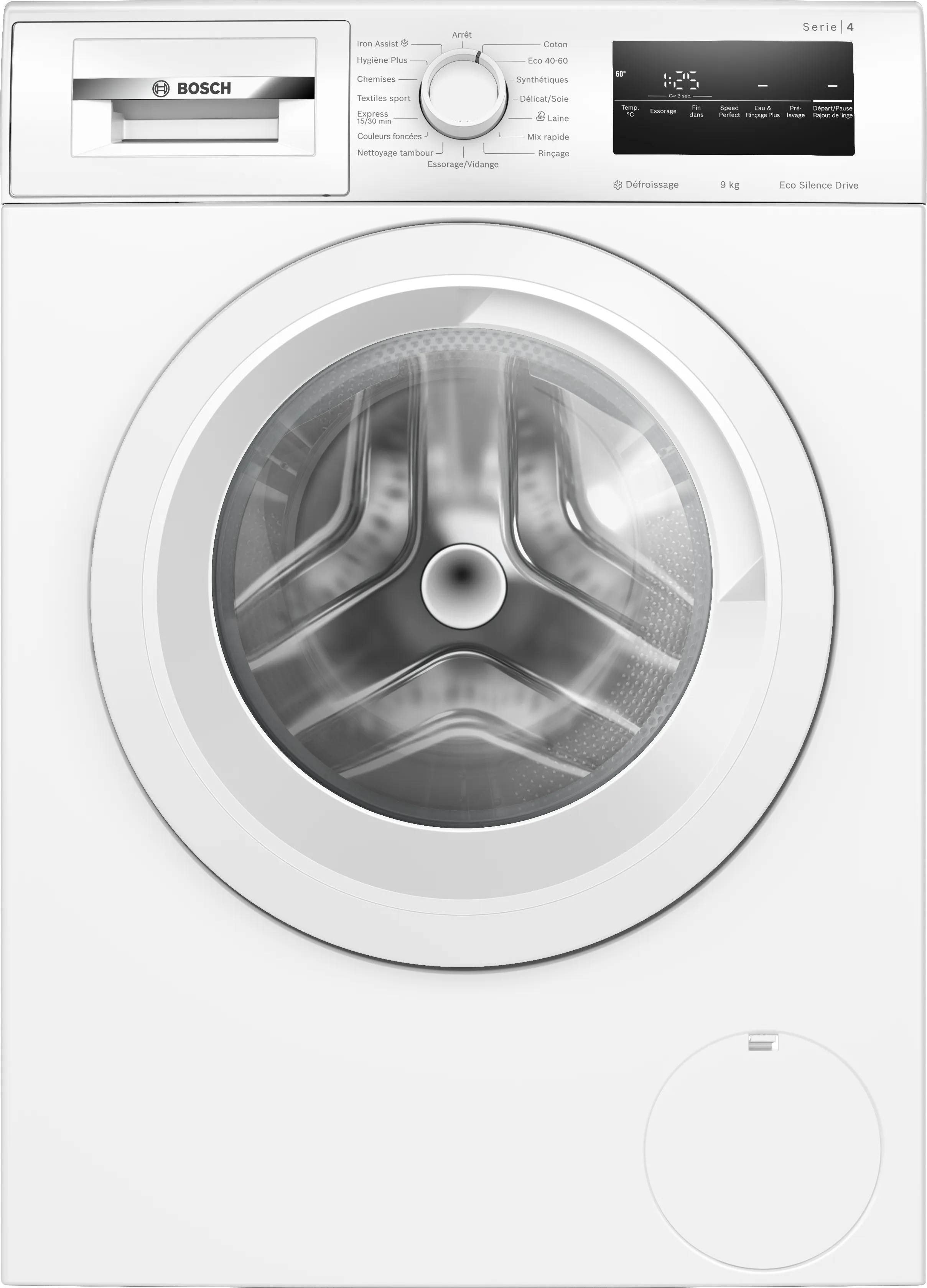 Weiße Waschmaschine mit runder Glastür. Marke Bosch und der Text Serie 4.