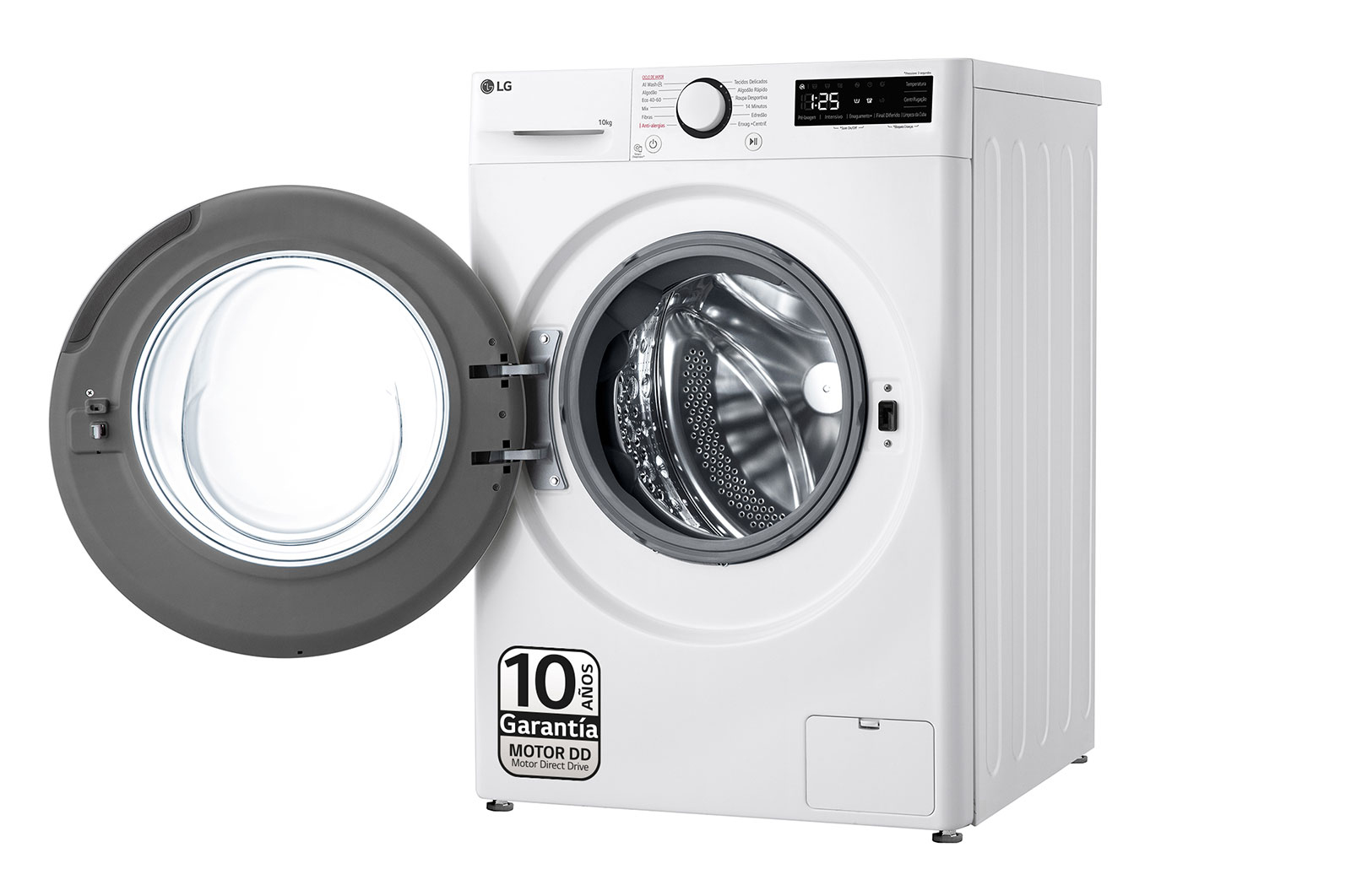 Biała pralka z otwartymi szarymi drzwiami, pokazująca bęben i panel sterowania.